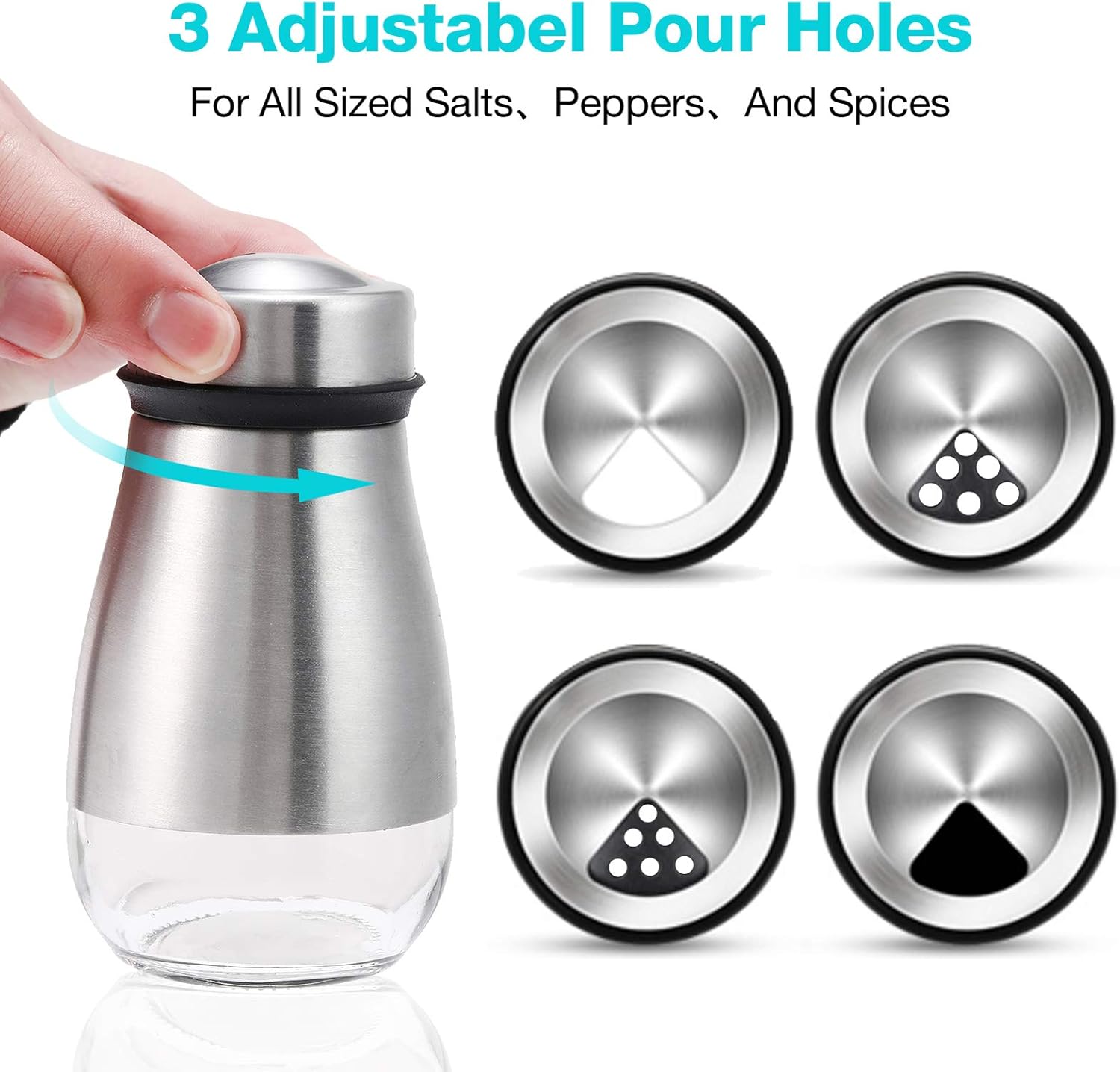 TUAEB 2pcs Salt and Pepper Shakers Set - Salt Shaker with Adjustable Pour Holes - 304 Stainless Steel & Glass Spice Dispenser Refillable - Perfect for Black Pepper, Kosher And Sea Salts - Seasoning: Home & Kitchen