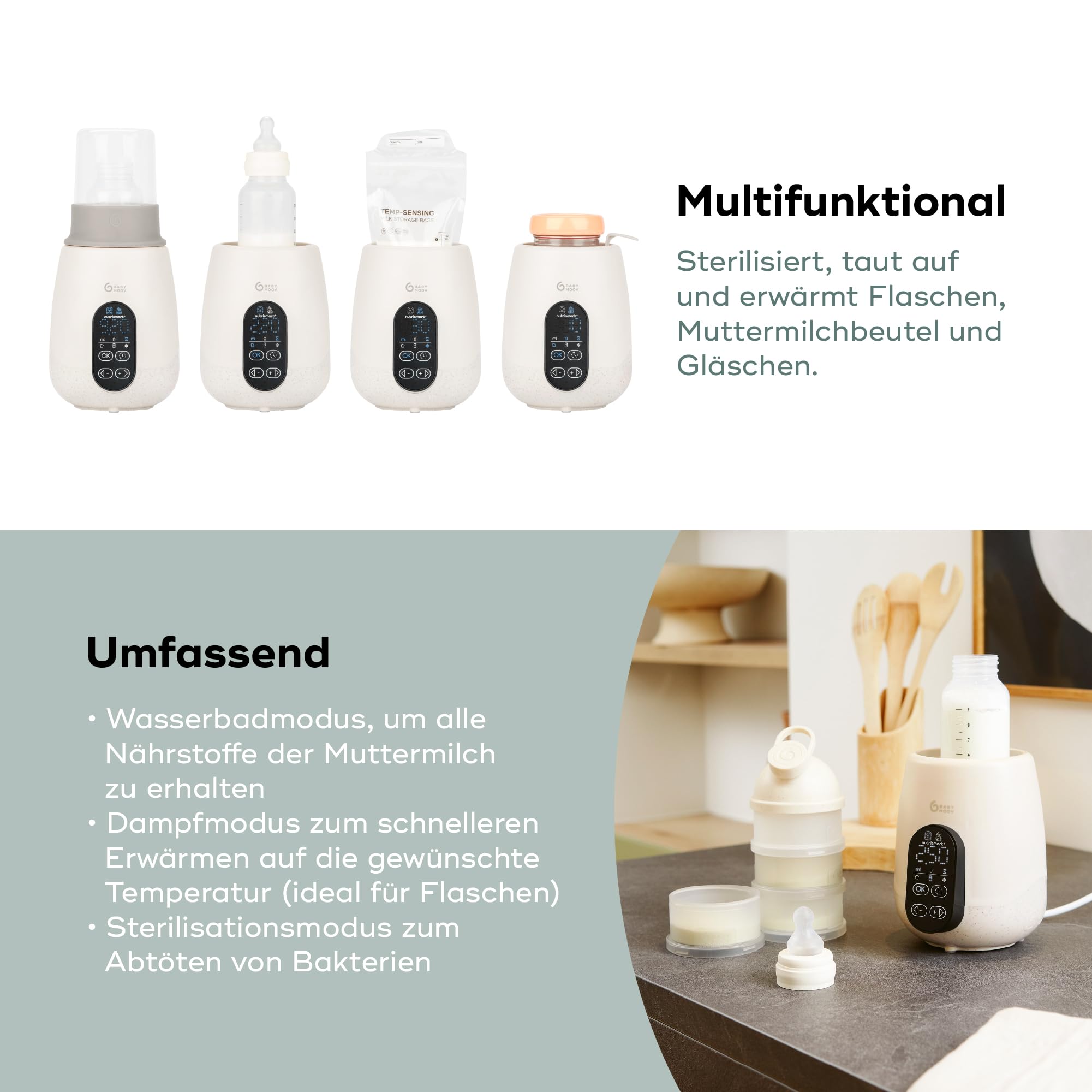 Babymoov Flaschenwärmer Baby NutriSmart+ - Tragbar, Programmierbar, für Zuhause & im Auto mit Adapter, Warmhaltefunktion für 1 Stunde, Sterilisator, ideal für Muttermilch, Babynahrung & Fläschen