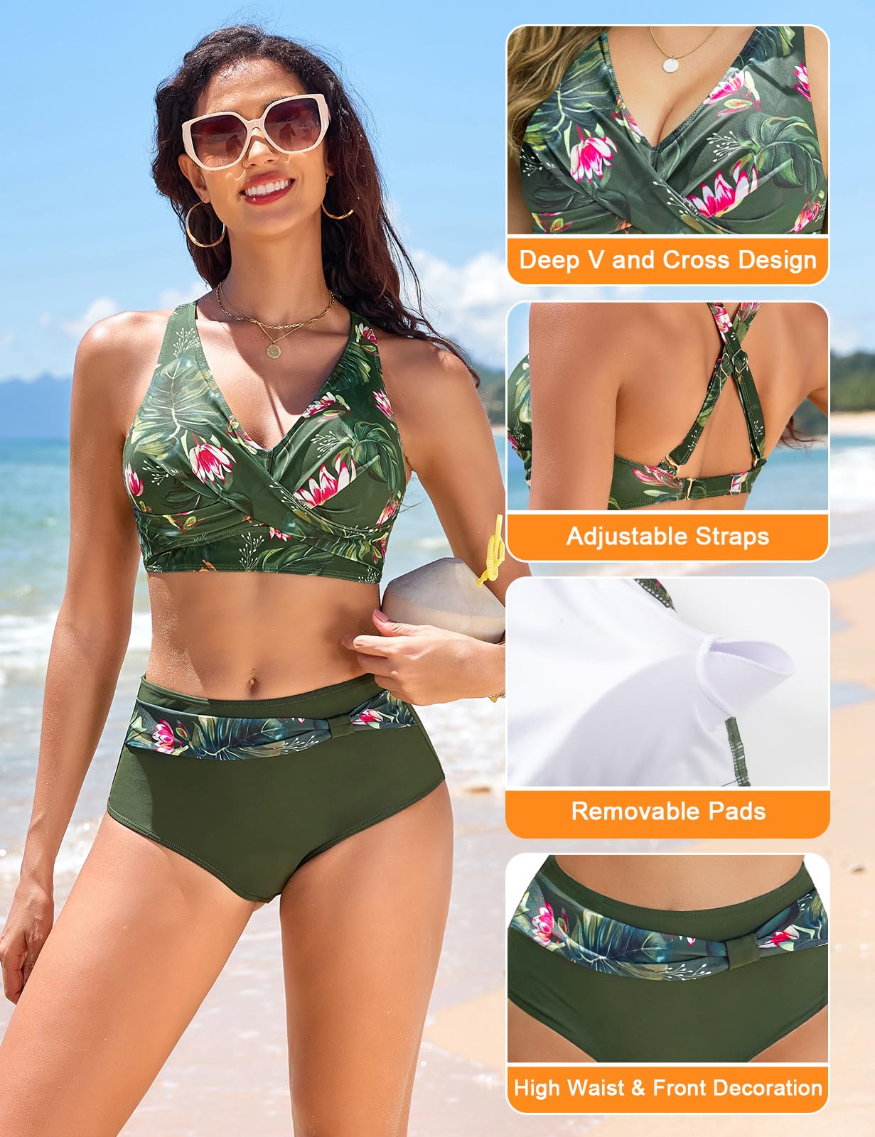 UMIPUBO Maillot de Bain Femme 2 Pièces Culotte Taille Haute Bikini Set Push Up Bikinis Sexy Col V Élégant Swimwear Ajustable Maillot de Plage