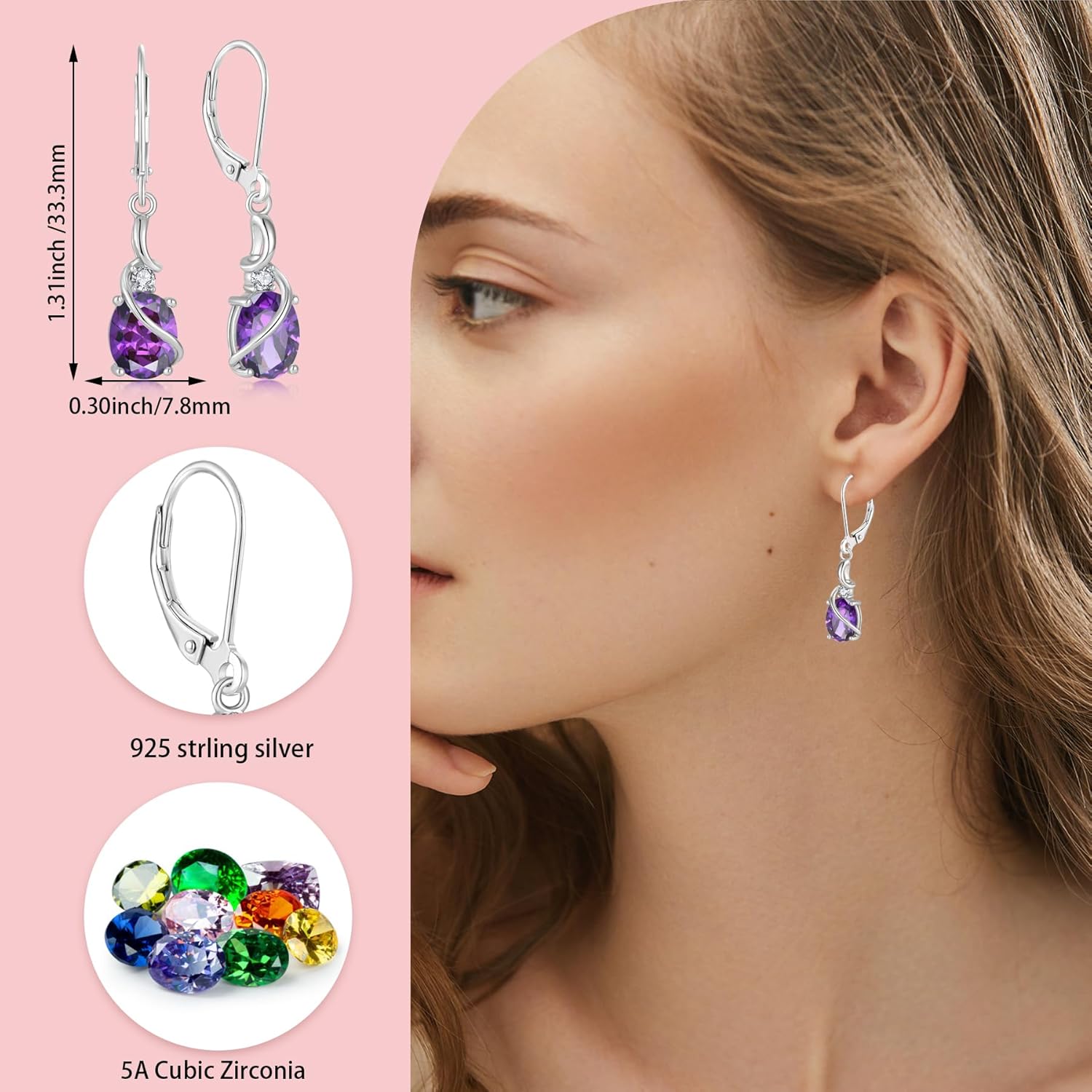 Oval Shape Birthstone Leverback Dangle Drop Earrings for Women, 925 Sterling Silver 5A Cubic Zirconia Earrings Jewelry Anniversary Mother's Day Birthday Christmas Gifts for Wife Her - Image 5