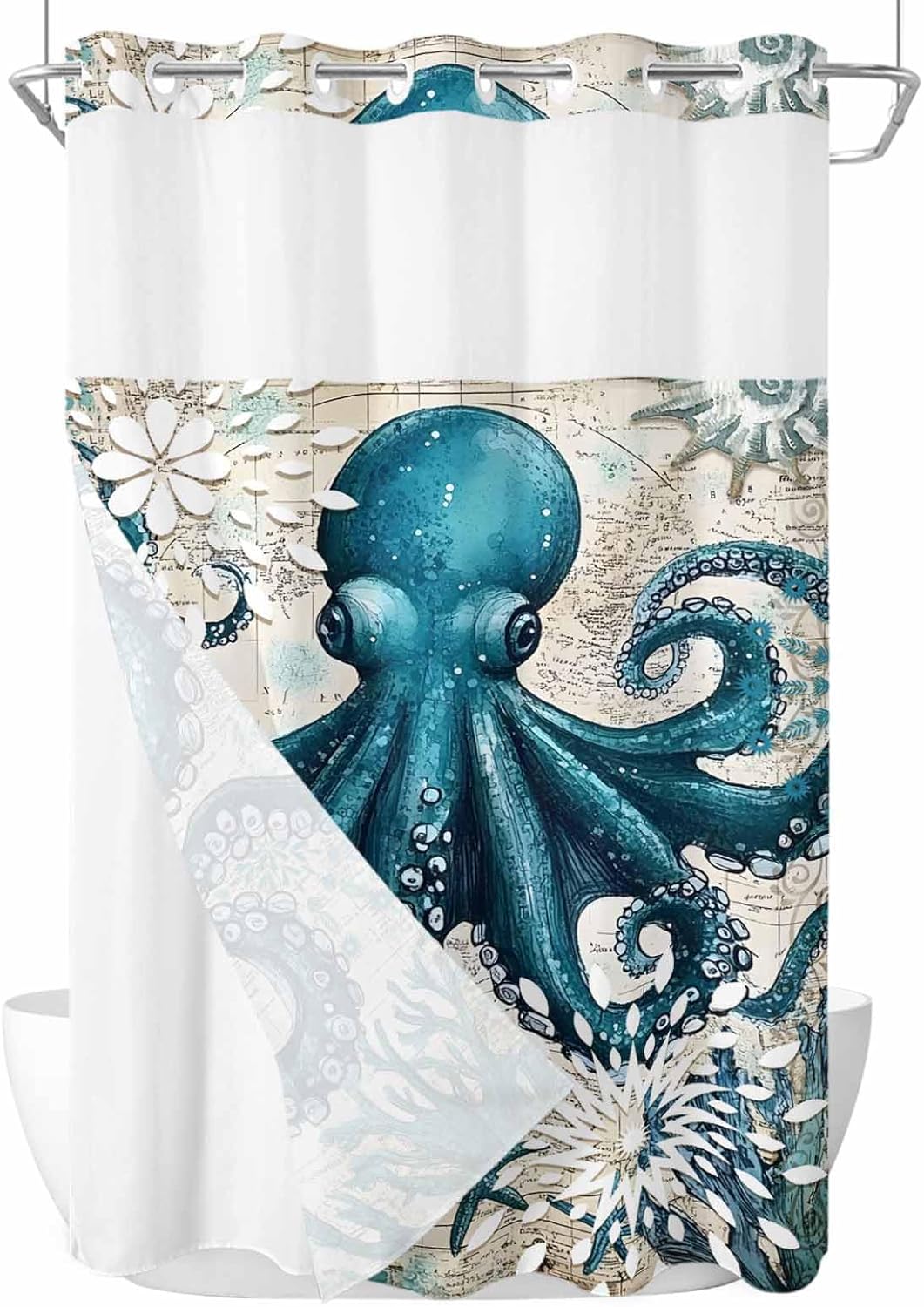 Octopus No Hooks Shower Curtain with Snap in Liner 36" W x 72" L, Washable and Waterproof Teal Octopus Ocean Coral Starfish Shower Curtain with See Through Mesh Top Window for Bathroom