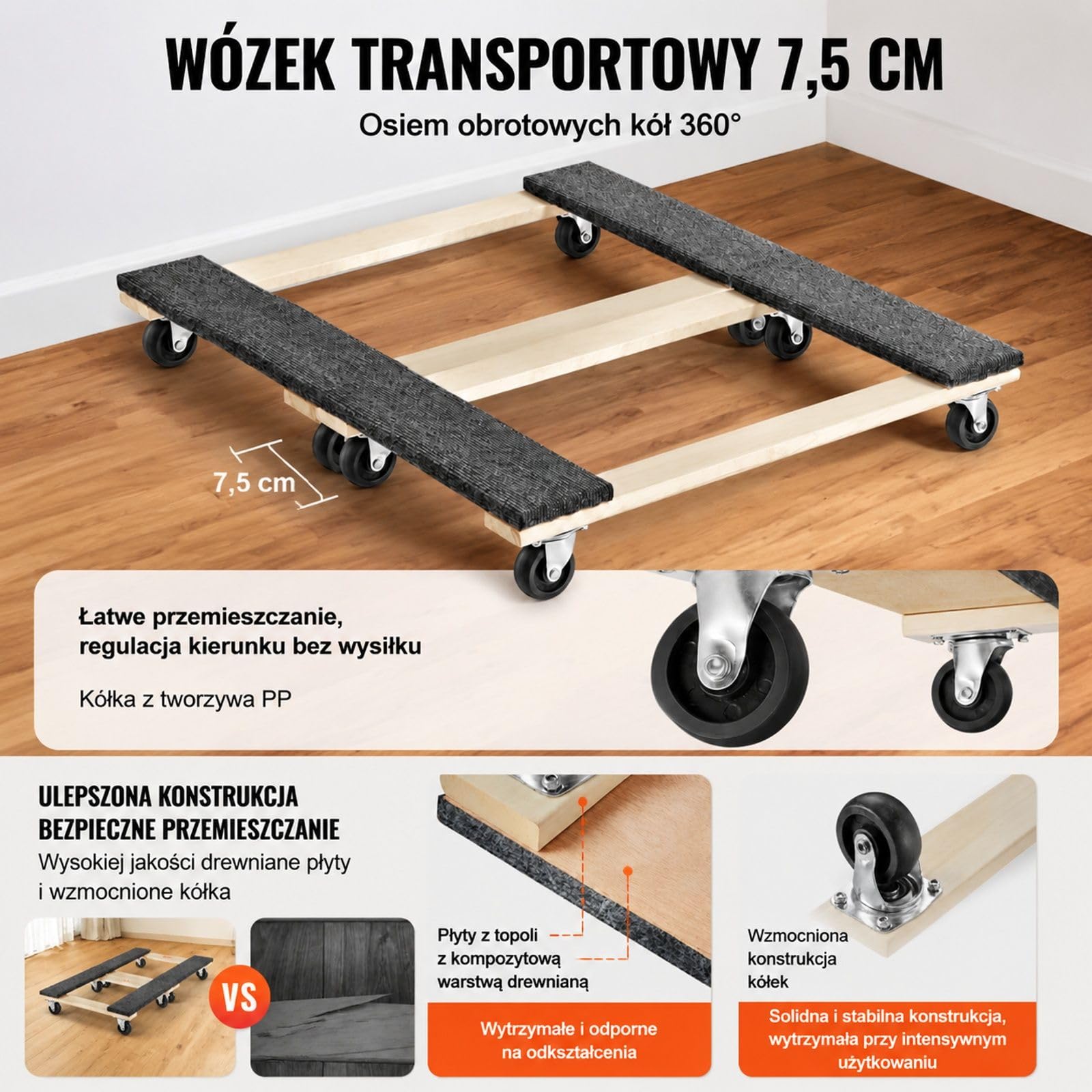 Zestaw wózków meblowych, 2 sztuki, drewniana platforma, 8 kółek obrotowych, udźwig 450 kg, do transportu domowego
