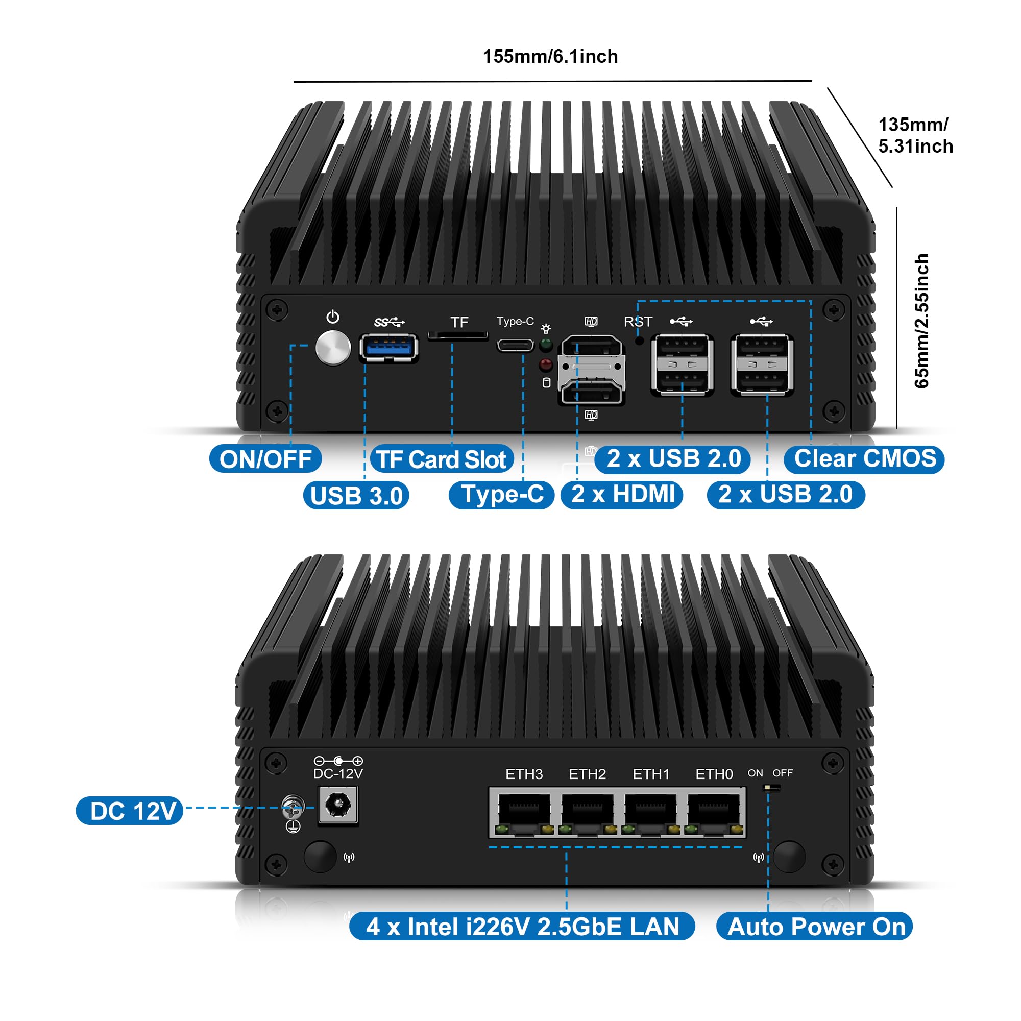 Mini PC Firewall Appliance, 4× i226V 2.5GbE LAN, J6413(4C/4T), OPNsense Micro Computer Hardware, DDR4 16GB RAM 512GB SSD, 2× NVMe, 2 ×SATA3.0, TF Slot, 2HD+USB-C, AES-NI