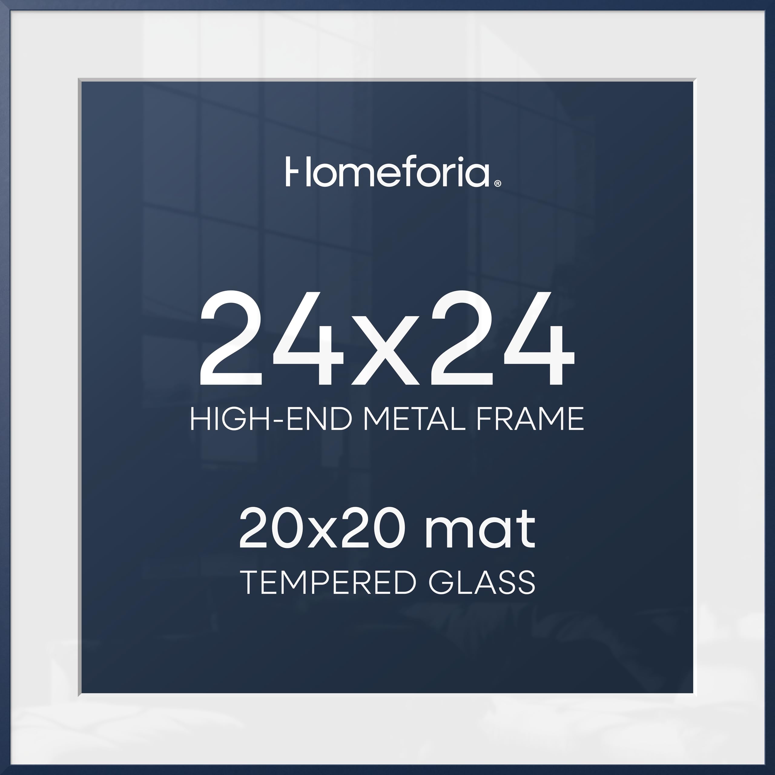 Homeforia 24x24 Picture Frame Navy Blue, High End Metal 24 x 24 Large Square Poster Frame with Mat 20 by 20 inch Photo, 24by24 Thin Frames Matted to 20x20 for Print, Tempered Glass, Wall Kit, Set of 1