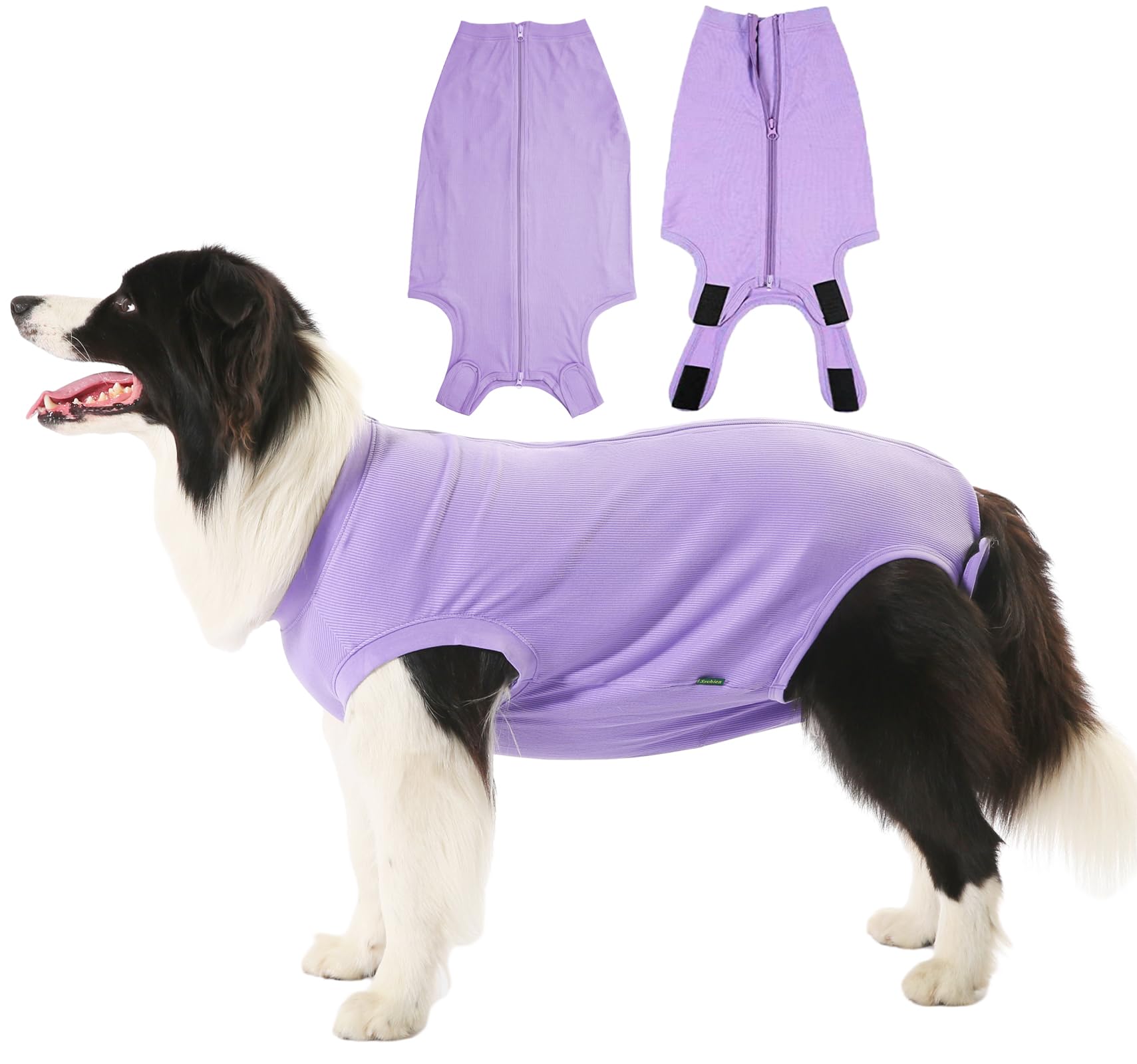 Sychien Dog Recovery Suit Female Spay Surgery Large Onesie, Zipper Closure Cotton Striped Wounds Protect Surgical Suit, Plain Purple L