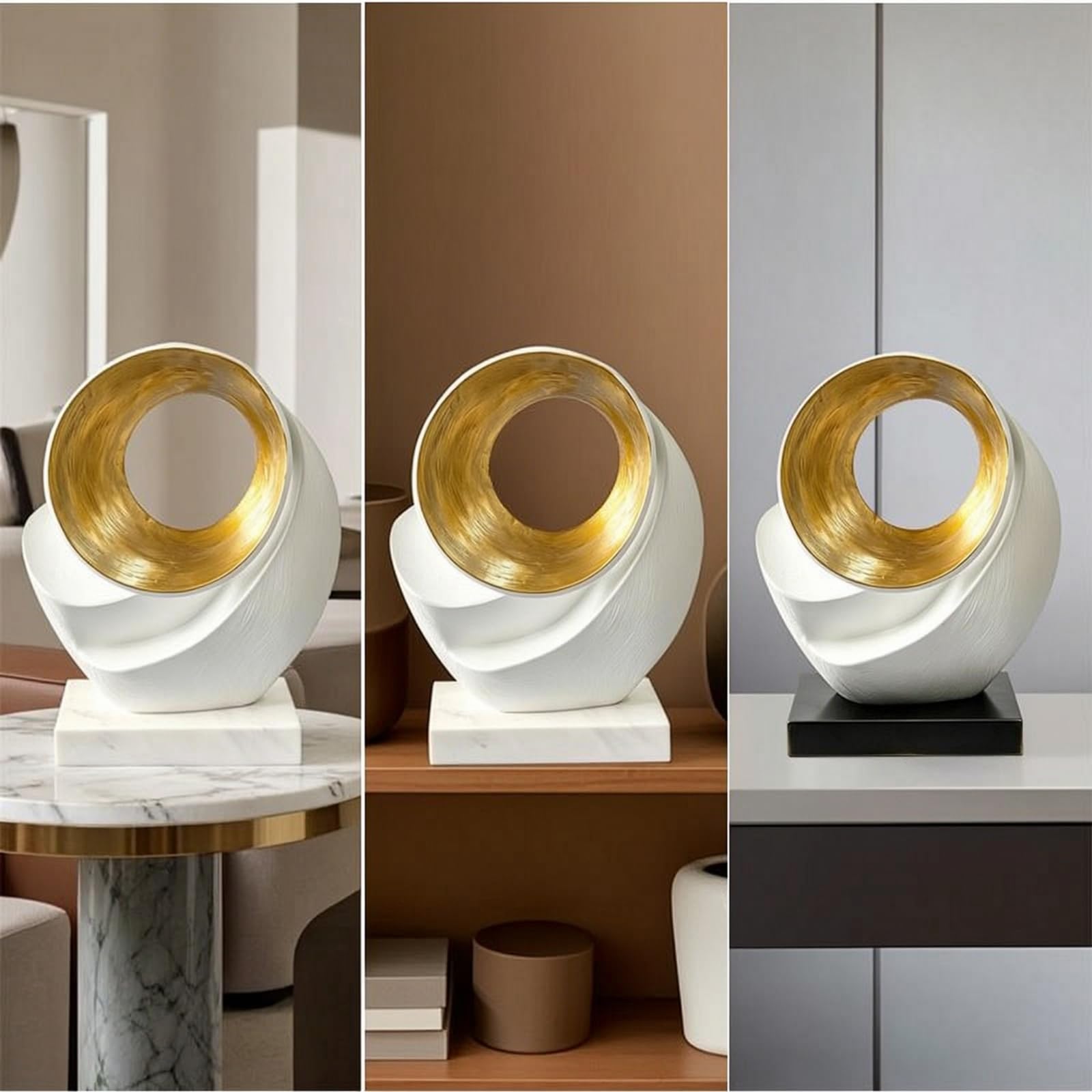 Escultura Geométrica Moderna Estatua de Mesa Ornamental Resina Metal Acabado Texturado con Aro Dorado sobre Base, Moderno Minimalista con Base De Mármol Blanco