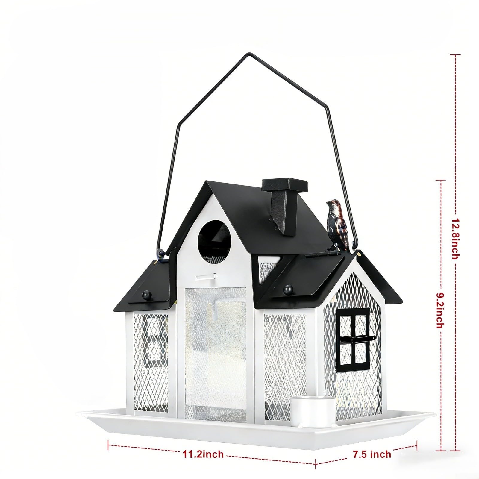 Comedero solar para pájaros con luz, gran capacidad de 5 libras, comedero de pájaros silvestres de metal para exteriores, casa colgante para pájaros inoxidable con ventana transparente, para