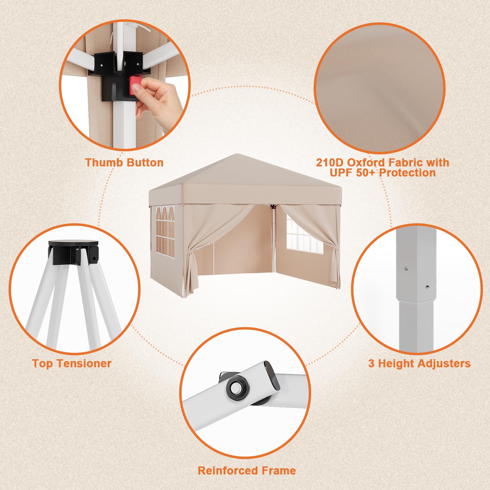 JUMMICO Gazebo 3x3 Pieghevole Impermeabile con 4 Parti Laterali，Gazebo Pieghevole Regolabile in Altezza,Gazebo da Giardino Protezione UV 50+,Gazzebo Da Giardino Campeggio Esterno Piscina Fiere,Beige