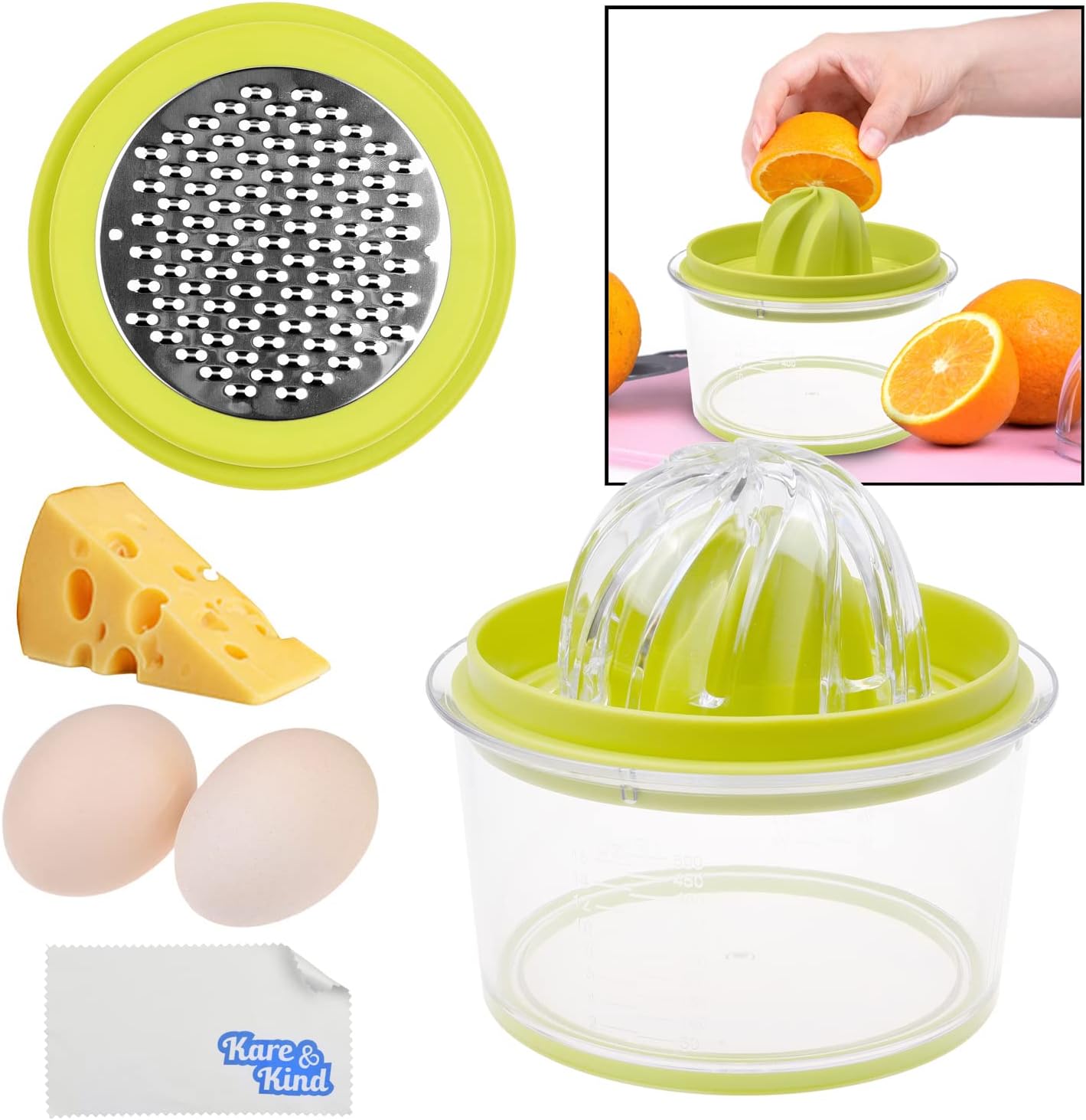 Citrus Juicer with Pulp Filter, Fruit/Vegetable/Chocolate Grater, Measuring Bowl, Egg Yolk Separator - Space Saving Design - Non Slip Silicone Bottom - Dishwasher Safe - No Electricity, No Noise