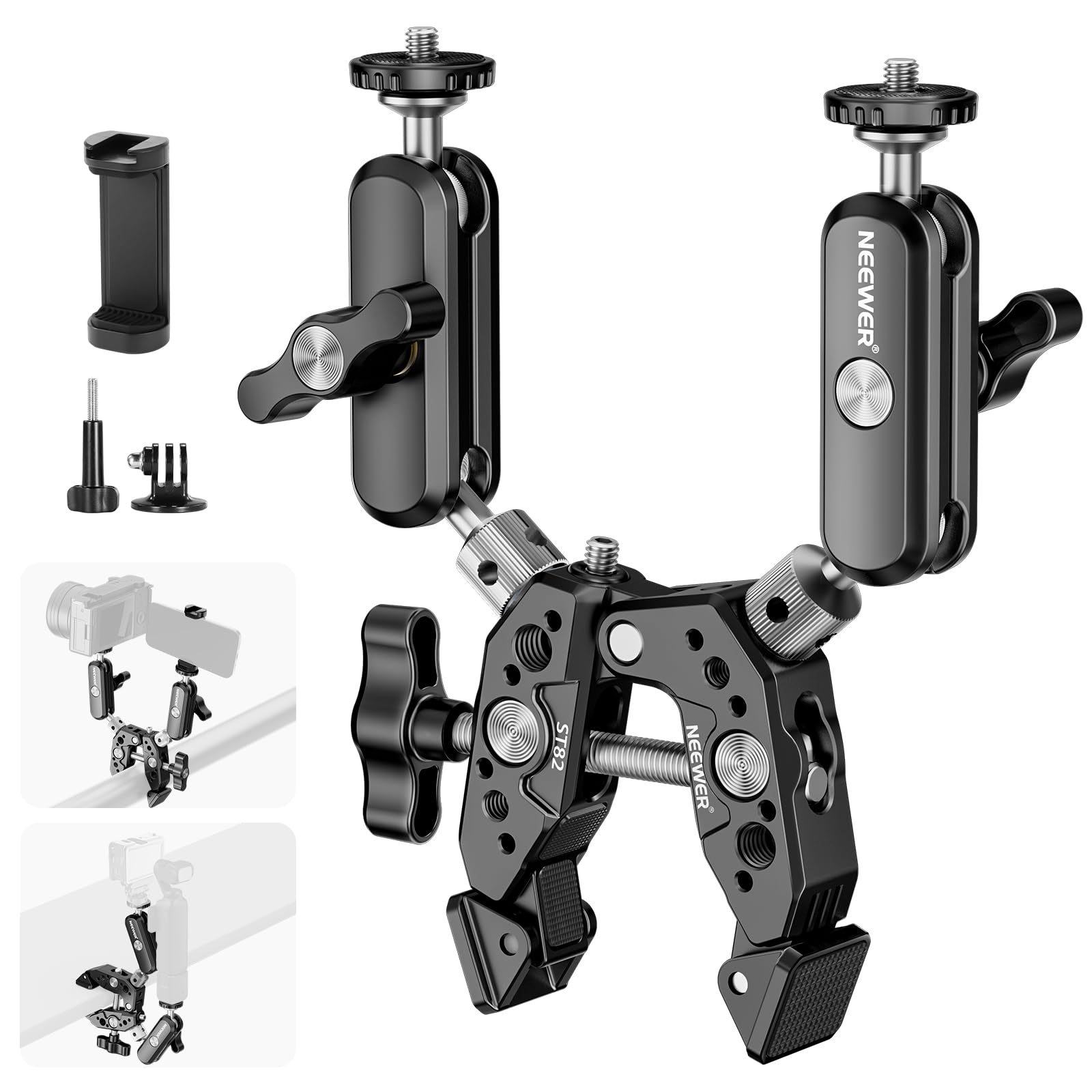 NEEWER Super Clamp z dwoma 360° Magiczne Ramiona Podwójna Głowica Kulista, Gwinty 1/4" 3/8", adapter do montażu telefonu i kamery akcji kompatybilny z GoPro dji Insta360 DSLR