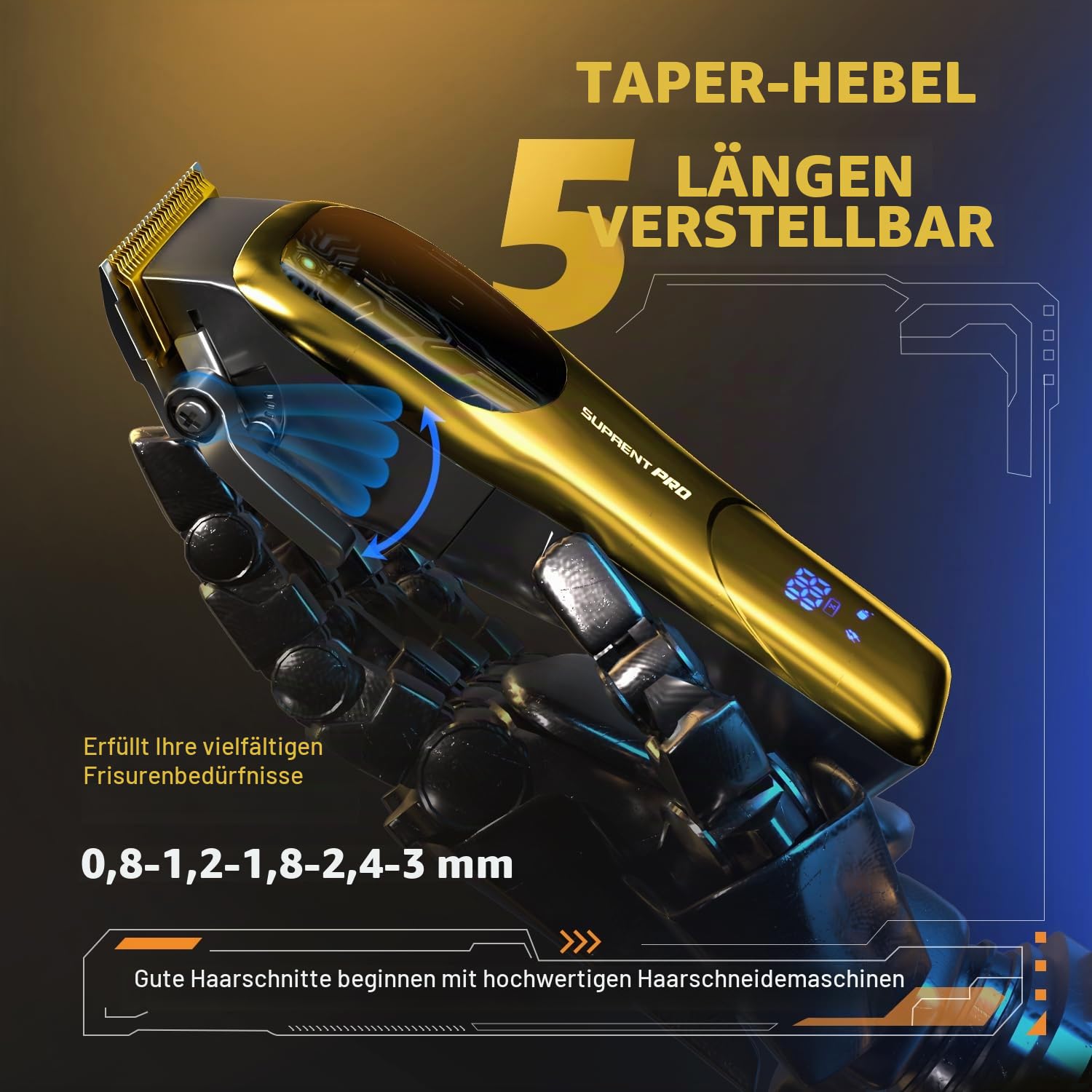 SUPRENT Tondeuse Profi Haarschneidemaschine, Haarschneider Herren Bürstenloser Motor mit Hohem Drehmoment & DLC-beschichteter Keramikklinge, Wiederaufladbar Haarschneider LED Display (Gold)
