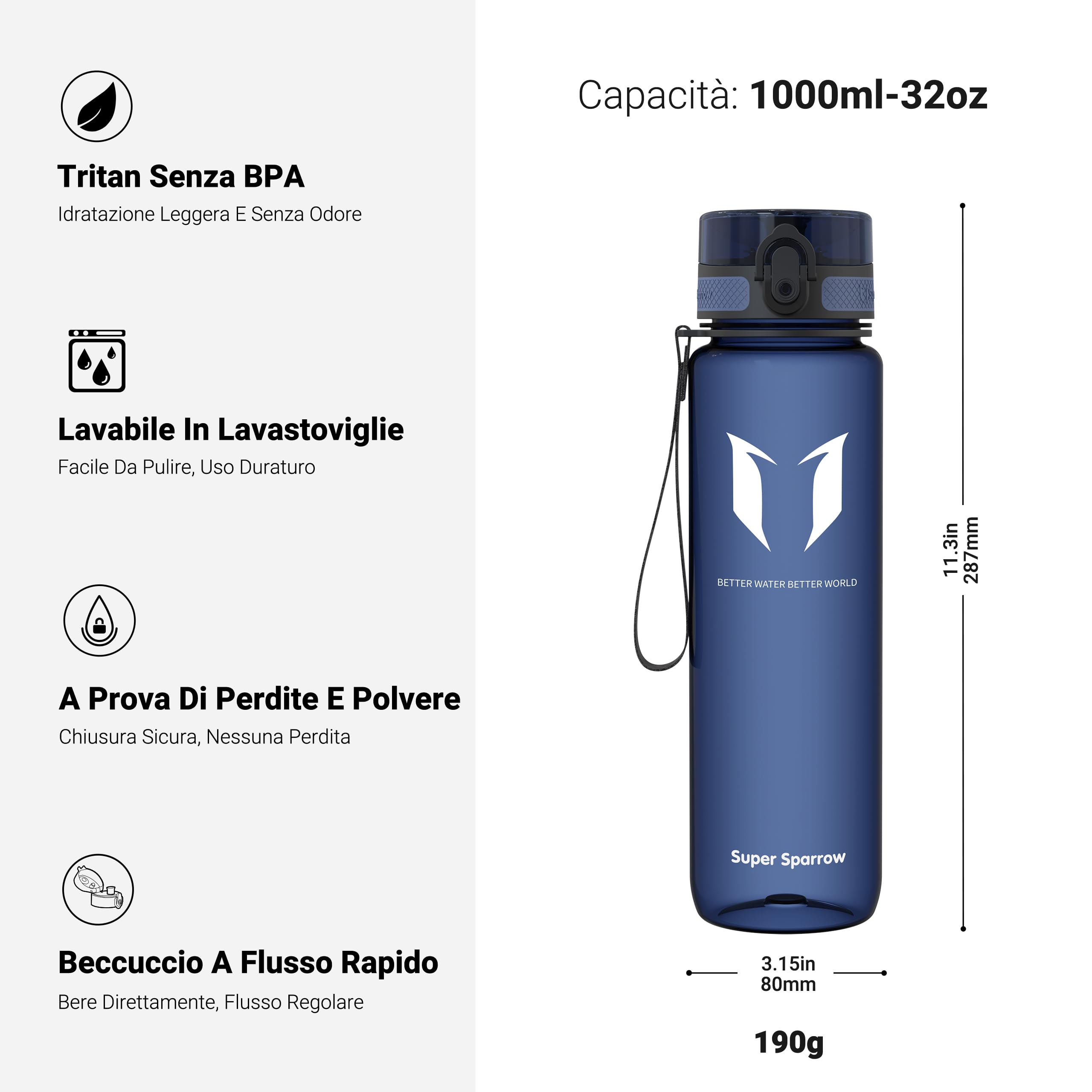 Super Sparrow Borraccia Sportiva & Bottiglia Bambini Senza Perdite - 350ml/500ml/750ml/1L/1.5L - Senza BPA