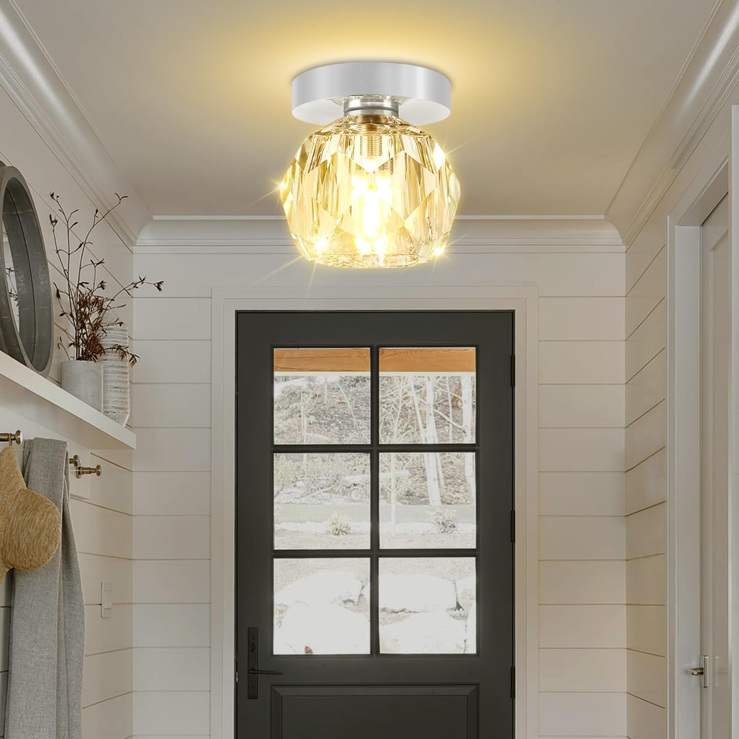 3.9in Mini Crystal Ceiling Light Modern Round Chrome Flush Mount Ceiling Light, LED Small Chandelier for Hallway Bedroom Foyer Kitchen Bathroom 2700K Warm White