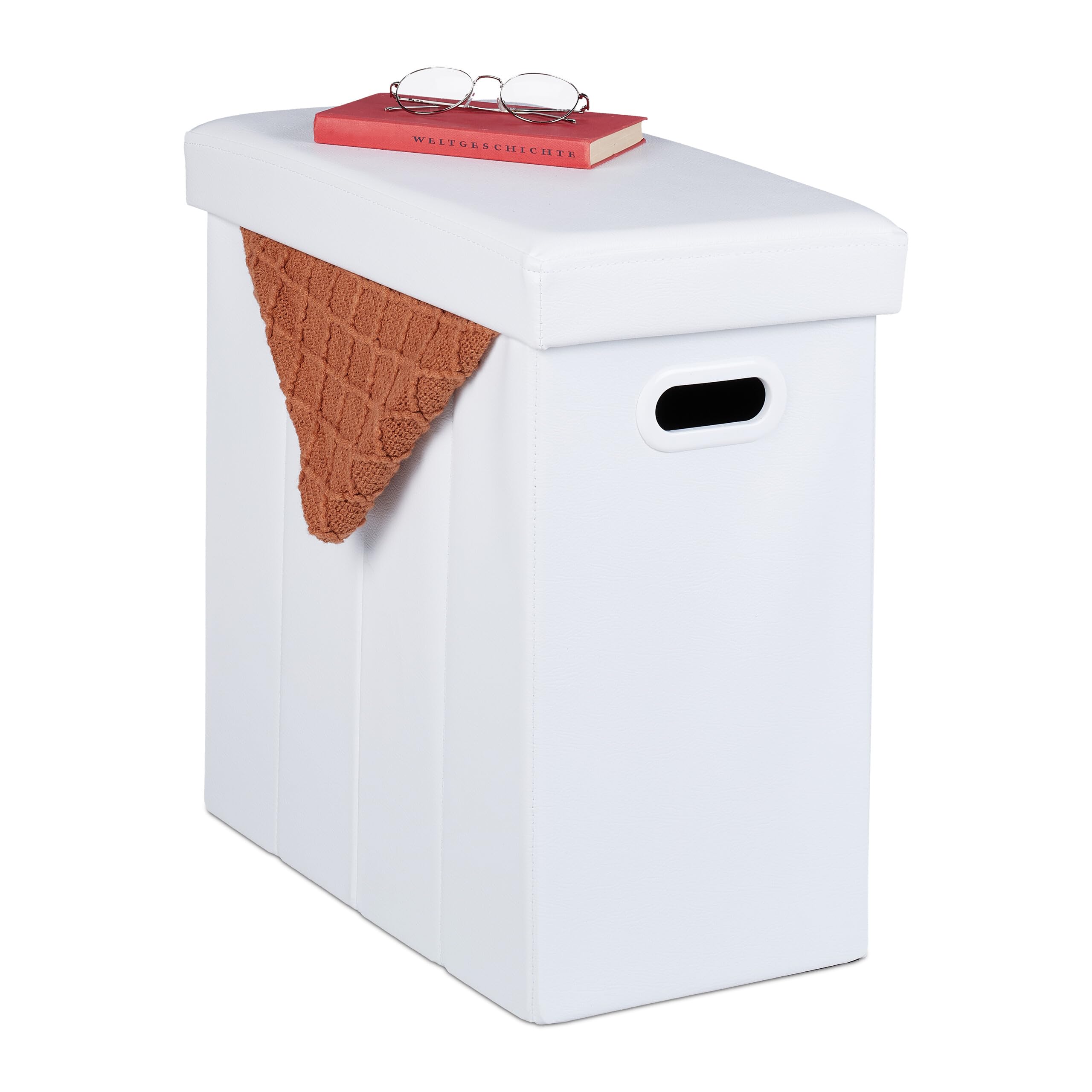 Relaxdays Cuero sintético Blanco Taburete Plegable Hecho de Polipiel con Sitio de Almacenaje, Acolchado, para Salón, 49 x 48,5 x 27 cm, Tablero de Fibras