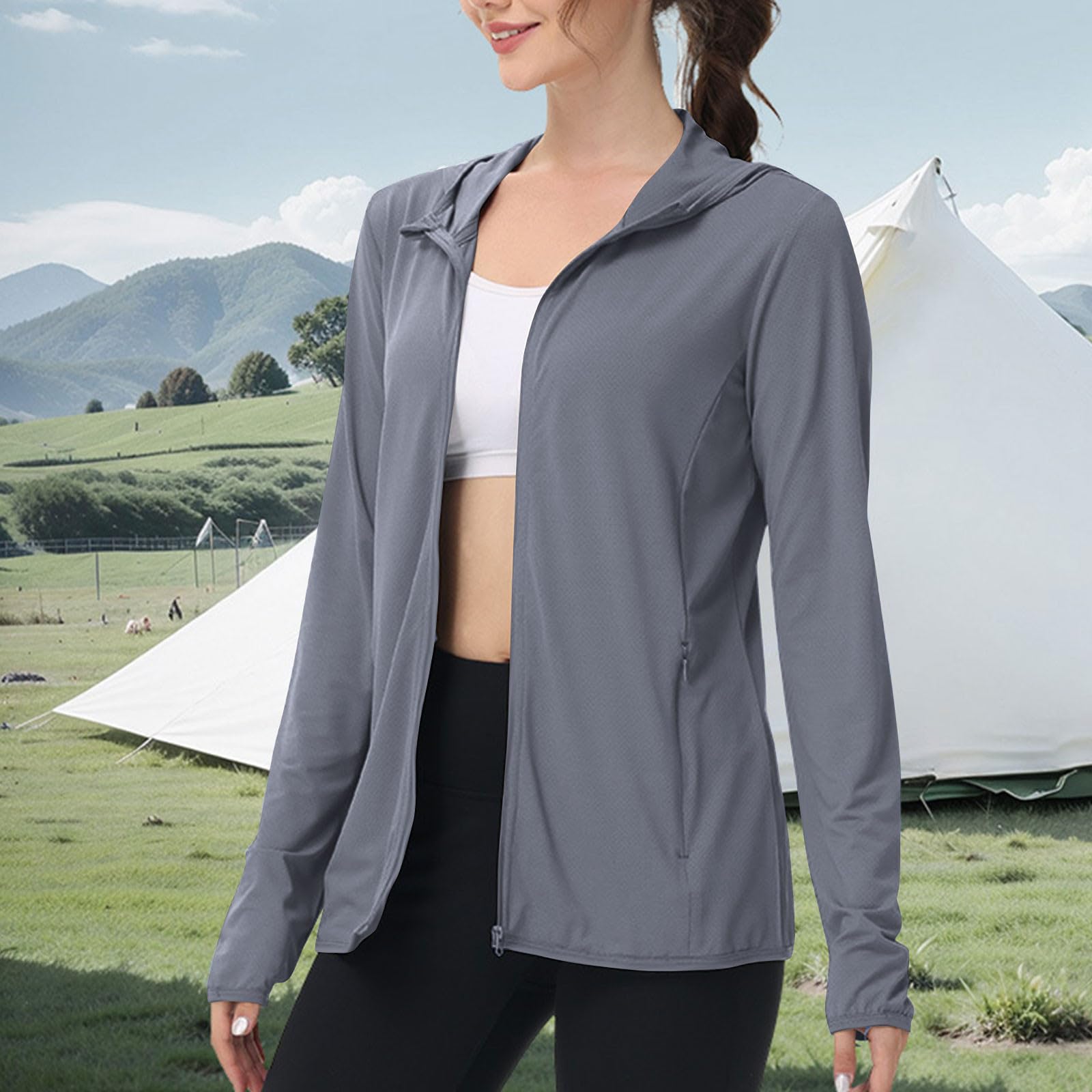 Womens Sun Shirts Full Zip UPF 50+ Sun Protection Hoodie Jacket Lightweight Quick Dry Long Sleeve Hiking Gym Jacket - 2