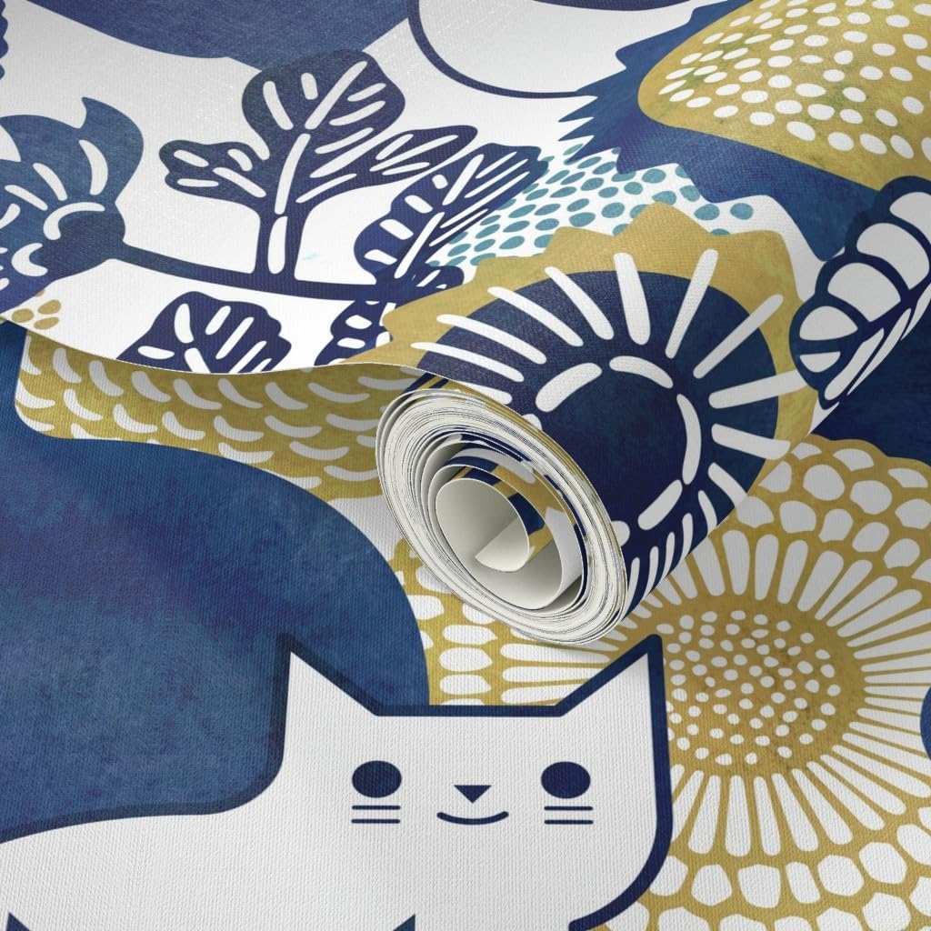 Peel & Stick Wallpaper 3ft x 2ft - Cat Vintage Floral Kawaii Whimsical Custom Removable Wallpaper by Spoonflower