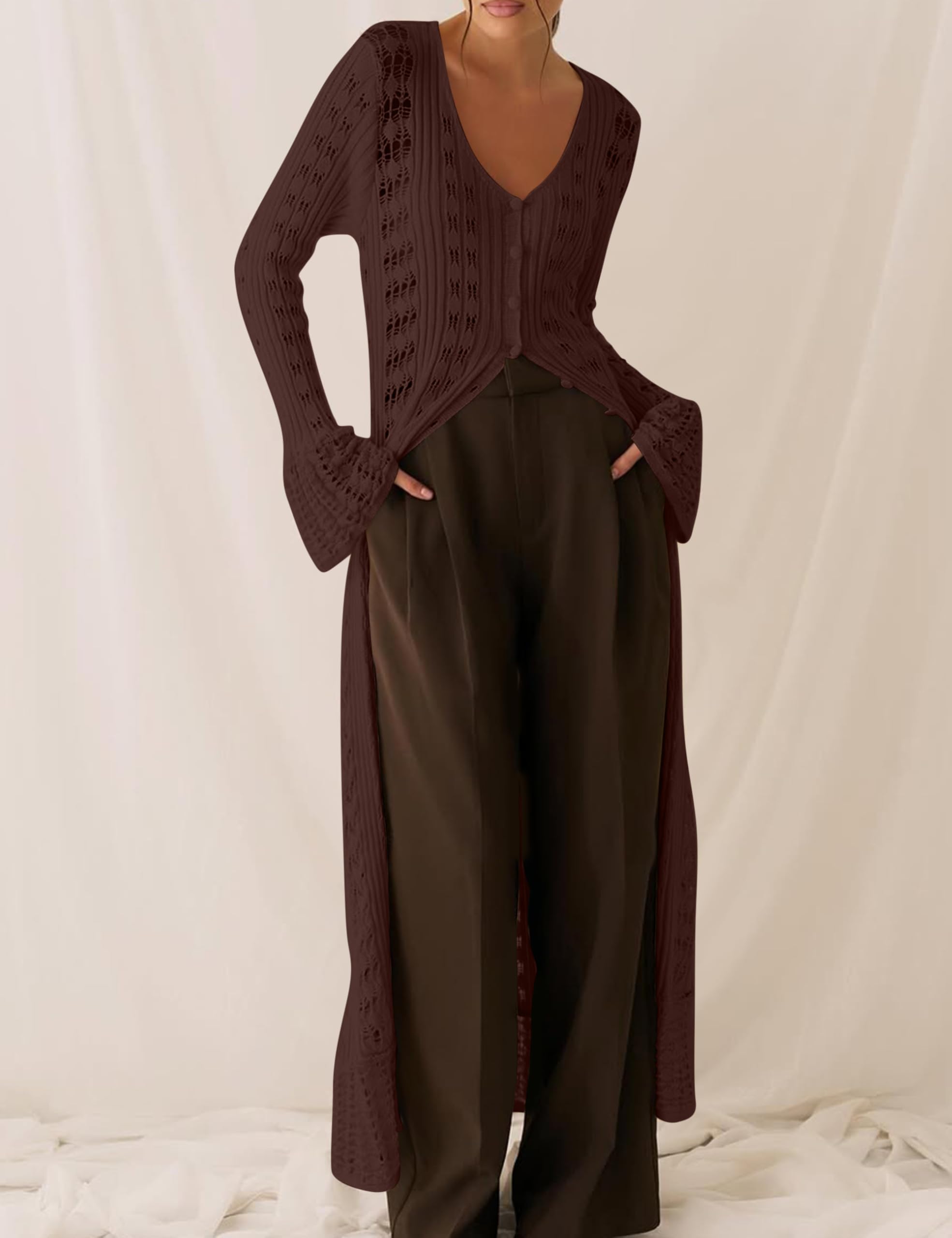 Cardigan pour femme, tendance, léger, en crochet, long plumeau, boutonné, cloche, manches longues, robe longue à volants en tricot
