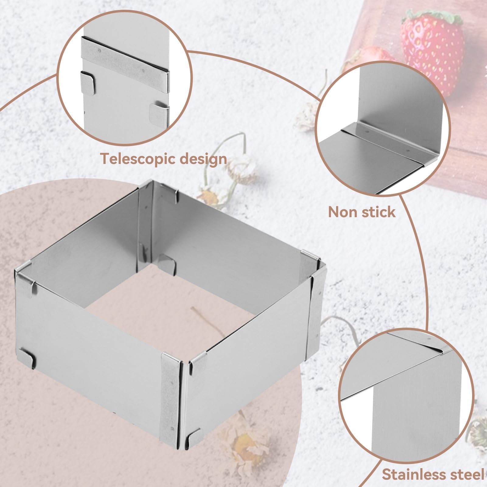 HERCHR Stampo Quadrato Torta, Telaio da forno regolabile 16 – 28 cm acciaio inox per Dolci, Pasticceria