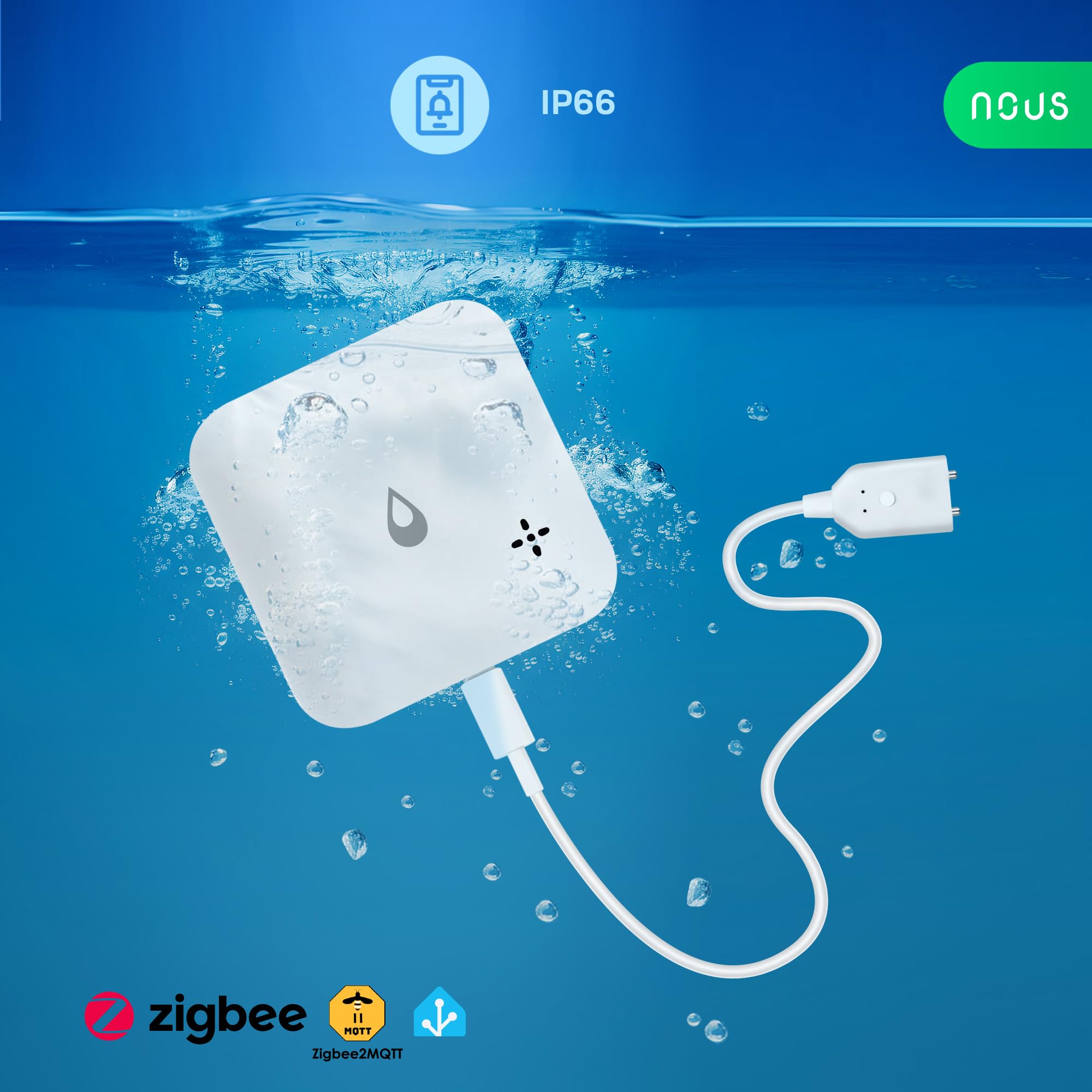 Nous ZigBee Capteur d'eau E13 pour Fuite ou Manque d'eau, Alarme 80 DB, Notification d'application, IP66, Fonctionne avec Piles (2 x AAA), Compatible avec Alexa, Google Home, hub ZigBee nécessaire