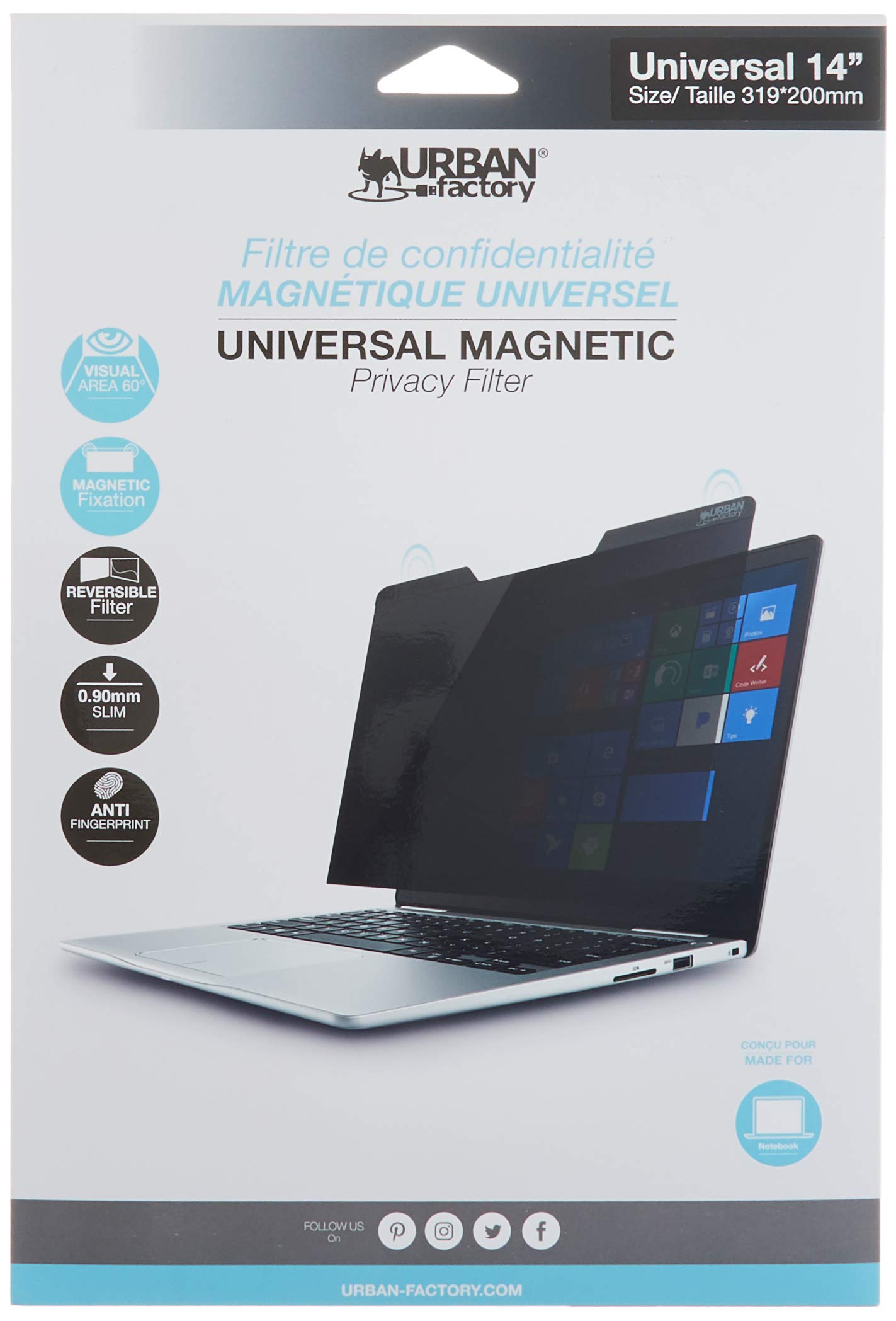 Urban Factory Universel Filtre de confidentialité d'affichage sans Cadre pour écran de 14"