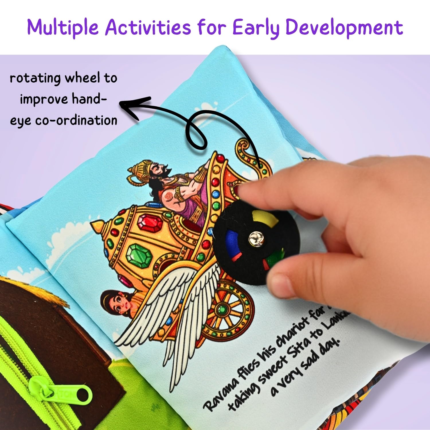 Seraphina My First Ramayan Cloth Book | Interactive Soft Baby Toy with Textures, Rattle & Zipper | Diwali & Dussehra Themed Toy for Ages 0-2 Years | Montessori Sensory Toys for Babies - Image 5 thumbnail