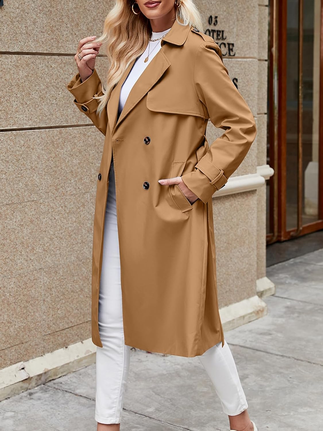 Fisoew Women's Double Breasted Trench Coats Causal Windproof Long Lapel Pocketed Overcoat with Belt - Image 4