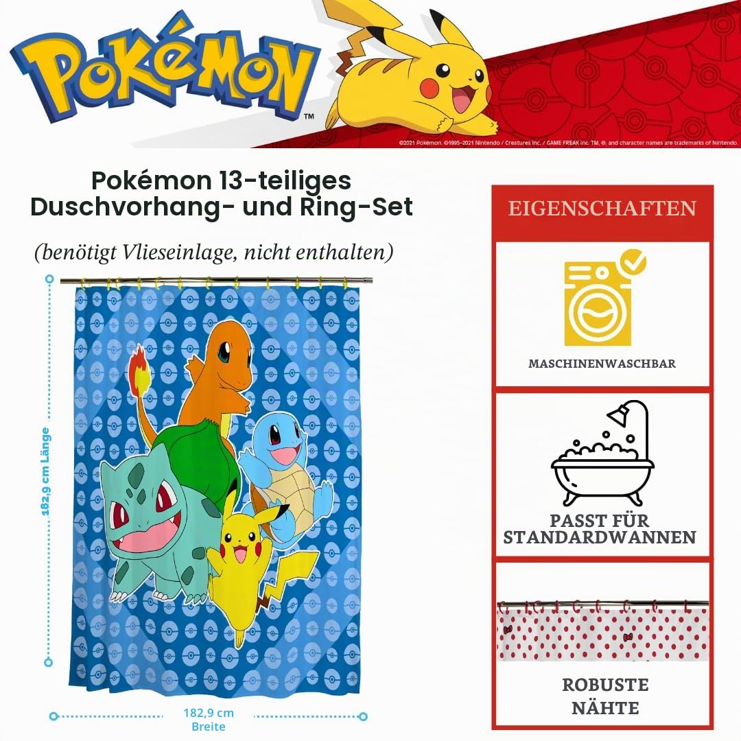 Franco Pokemon Anime 13-teiliges Duschvorhang und Ring-Set, (100% offizielles Lizenzprodukt)