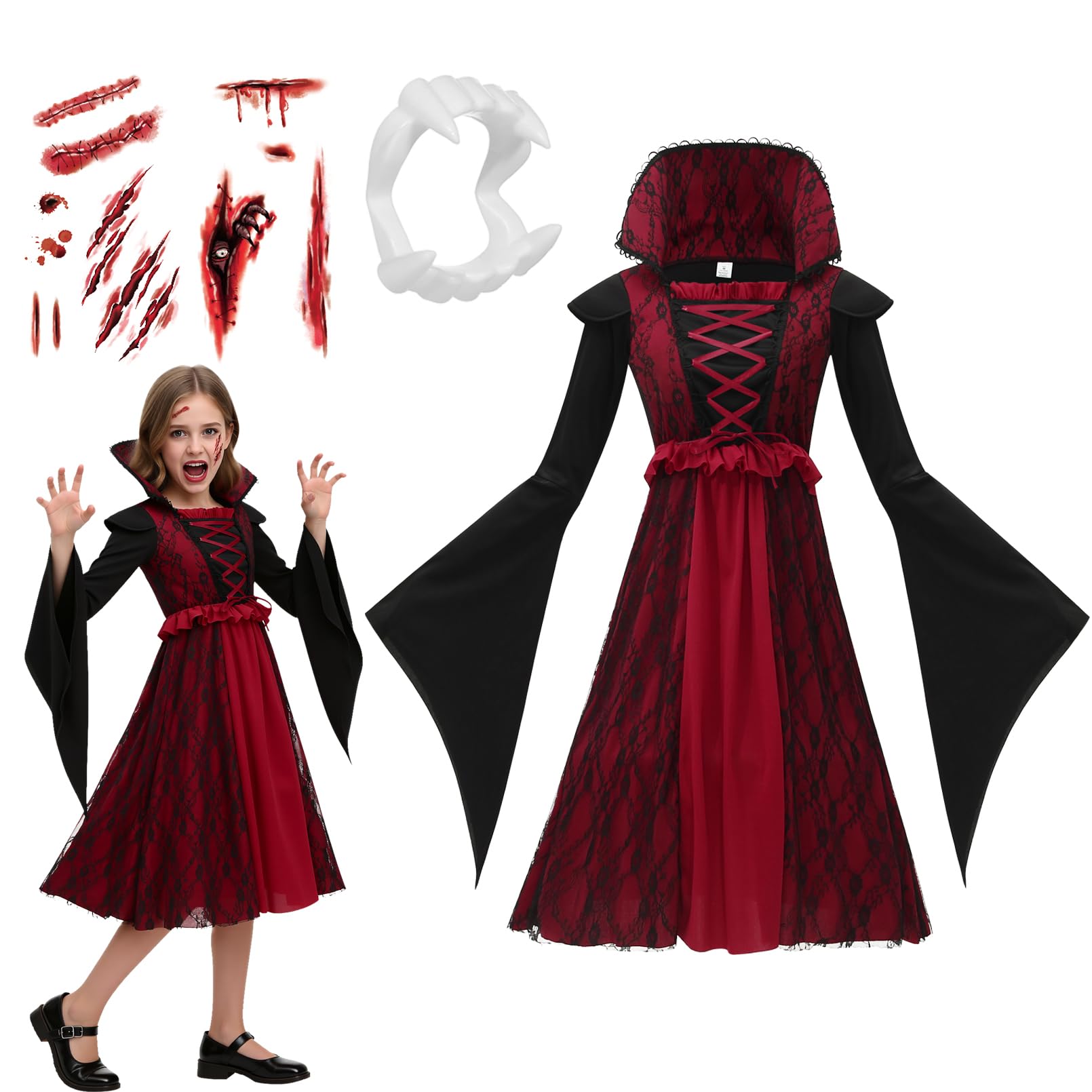 EOZY Girls Vampire Costume Gothic Halloween Vampiress Dress for Kids Girls Cosplay Vampire Dress Ups 4-6 Years