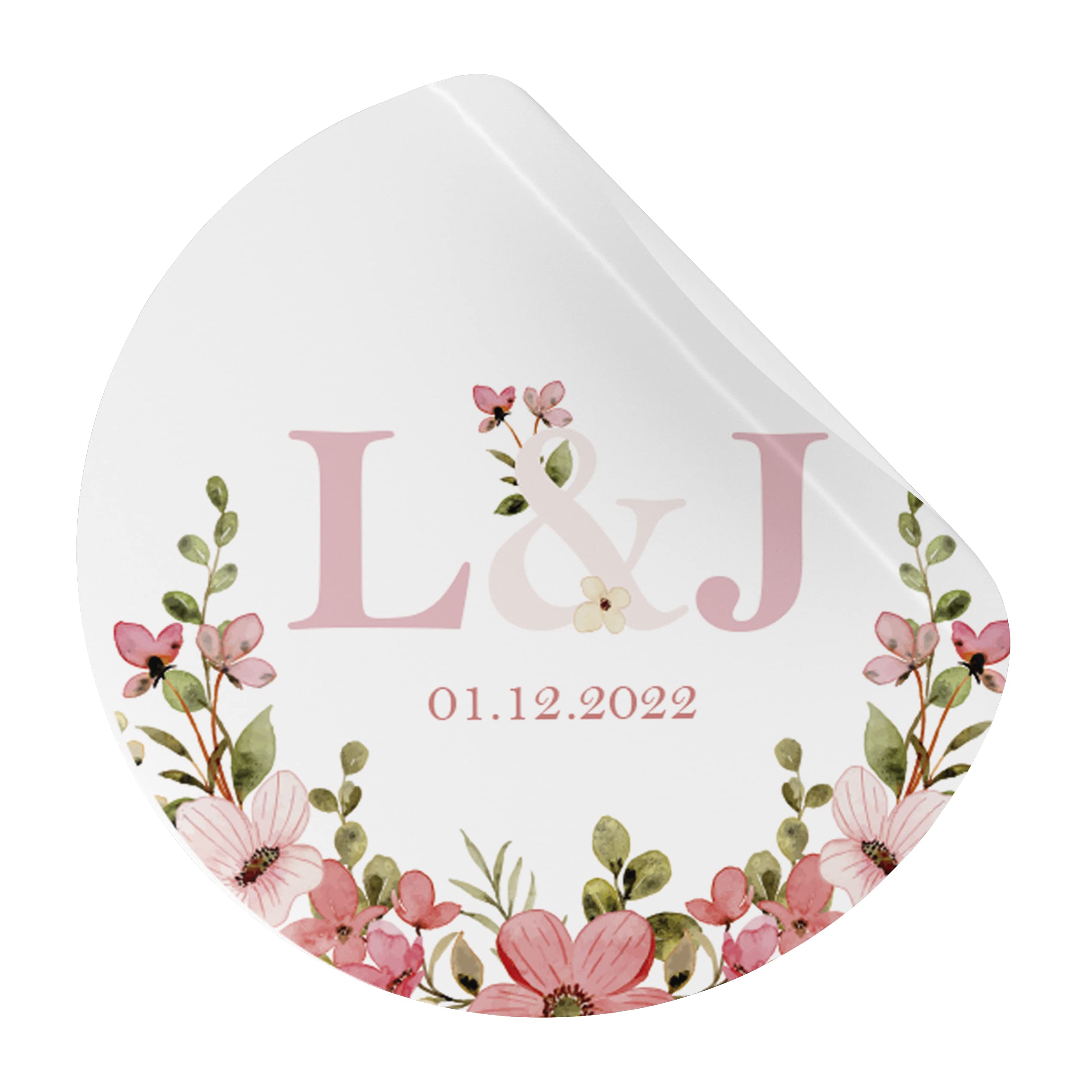Personalised Pink Floral Initials Wedding Favour Stickers (LA12) (45mm (24 per Sheet))