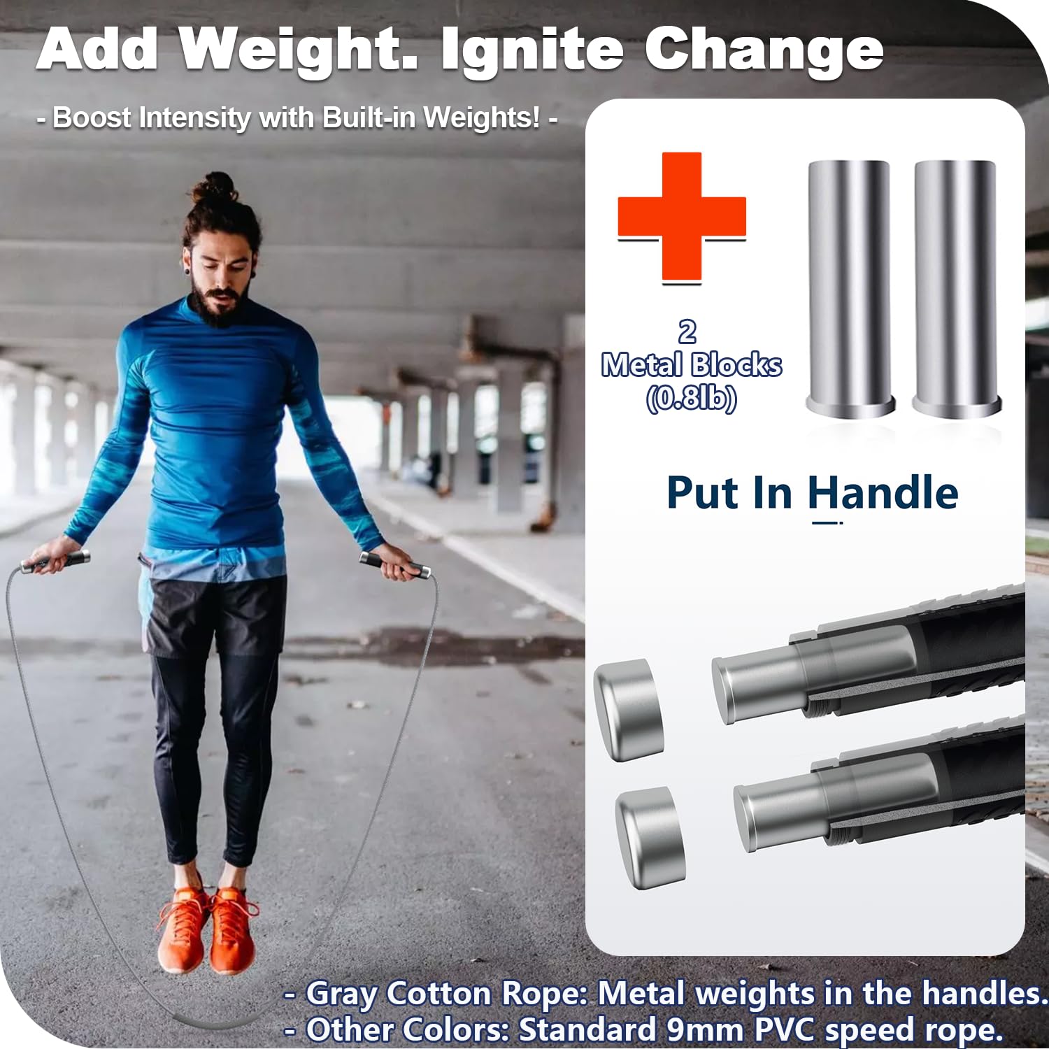 Gewichtetes Springseil 0,5 Kg – Verstellbar, Mit Kugellager, Für Boxen & Fitness, Inkl. Baumwoll- & PVC-Seil