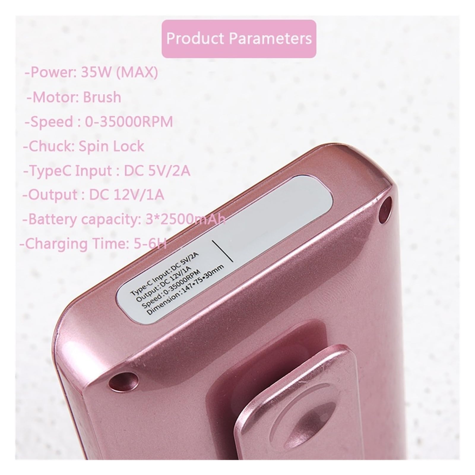 Frezarka do paznokci, Elektryczna wiertarka do paznokci 35000 obr./min. Profesjonalna maszyna manicure, szlifierka, akumulatorowa do użytku domowego