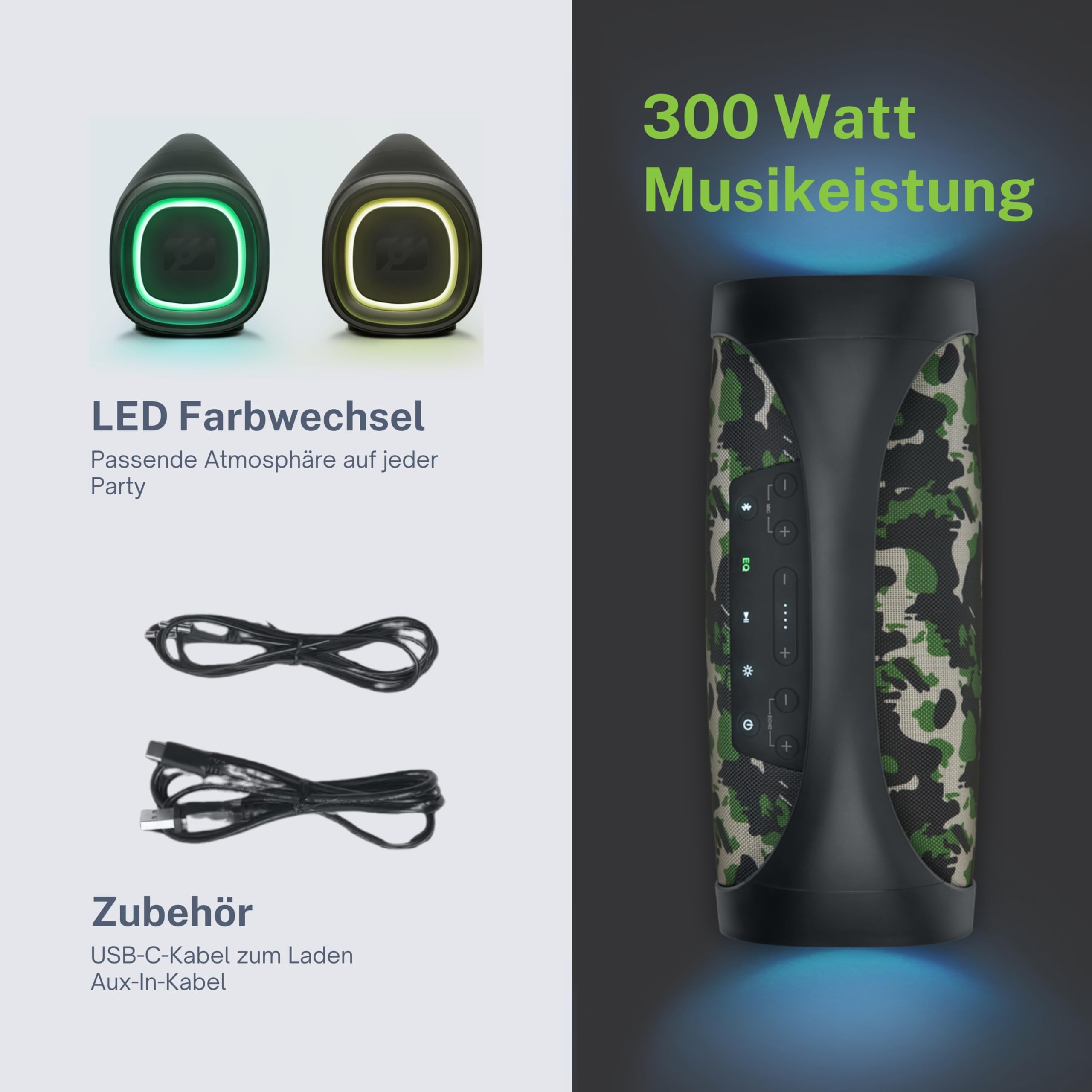 Muse M 980 AC. Odporny na zachlapanie głośnik Bluetooth z wbudowanym światłem, moc 300 W, możliwość pary stereo. Koncektor ładowania USB-C, port USB do ładowania i zbicia.