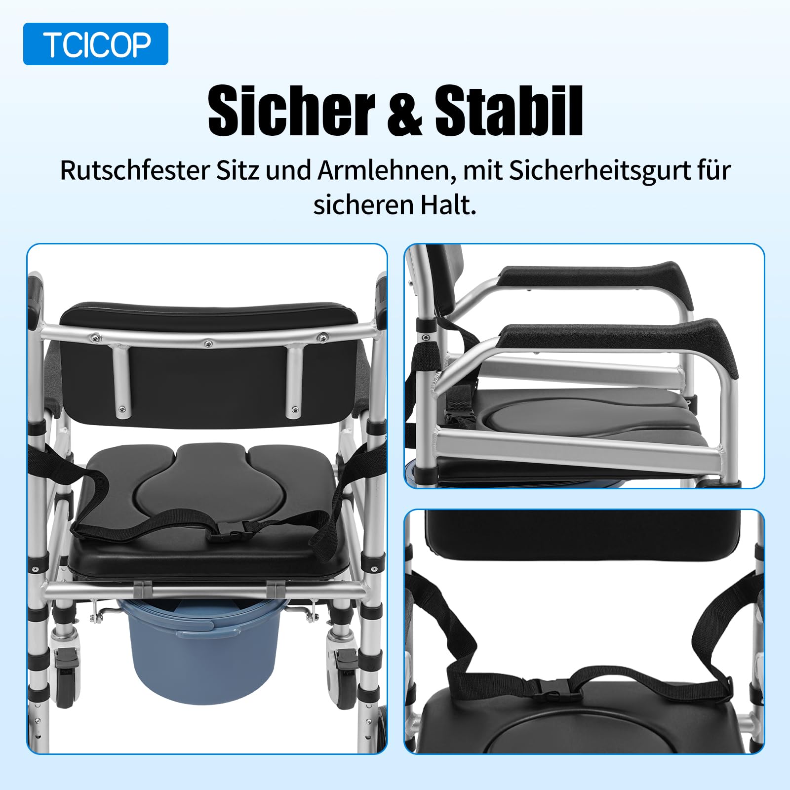 Toilettenstuhl für Senioren, Höhenverstellbar Duschstuhl mit Rollen, Faltbar Duschstuhl Toilettenhilfen, Mobil Toilettenstuhl 160kg Tragfähigkeit, für Badezimmer