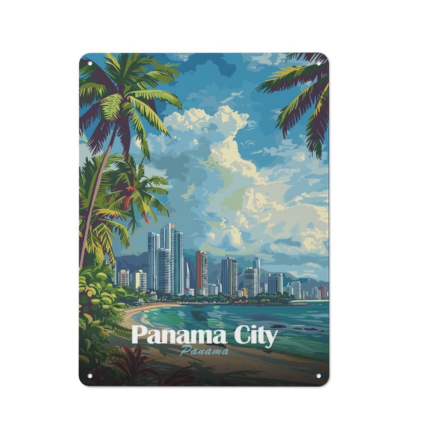 Junmoney Style-15 Tin Wall Plaque 40X30cm With Panama City Skyline For Workshop Wall, Housewarming Wall Decor For People Furnishing Workshop