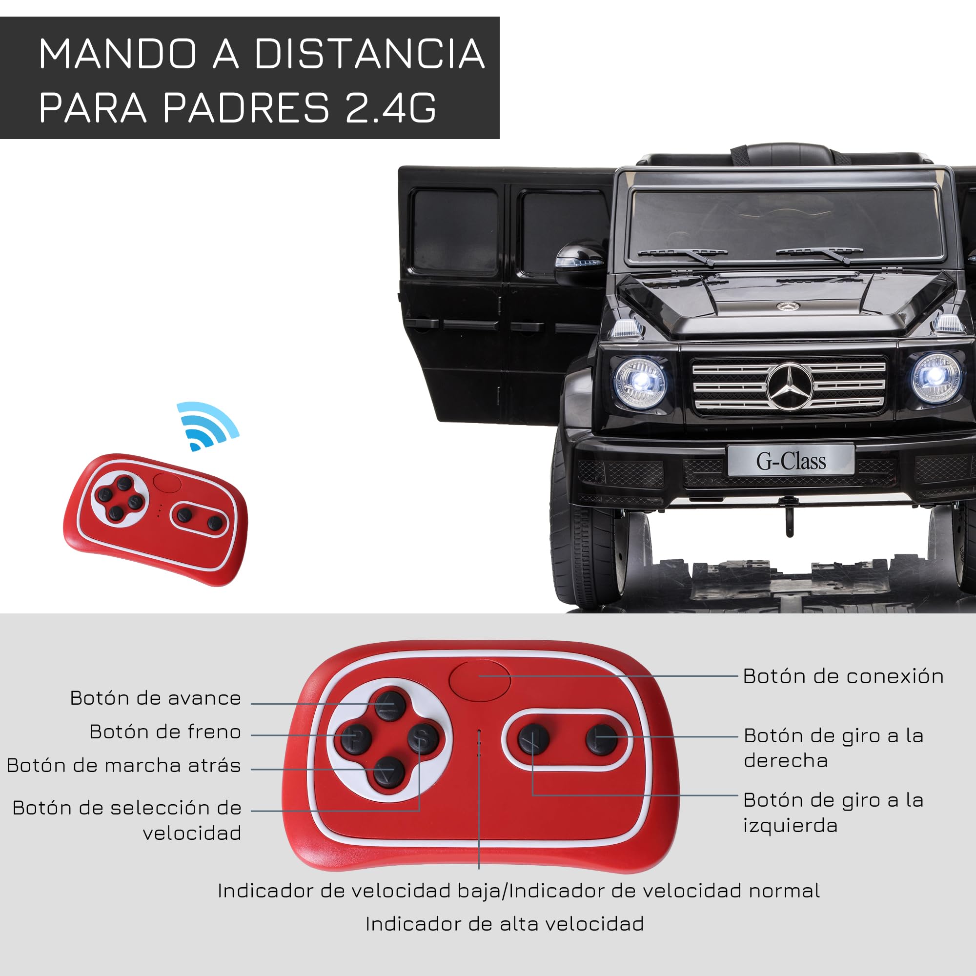 HOMCOM Coche Eléctrico para Niños de +3 Años Benz G500 Todoterreno de Batería 12 V Vehículo Eléctrico con Control Remoto Música Bocina Velocidad 3-5 km/h Carga 30 kg Negro