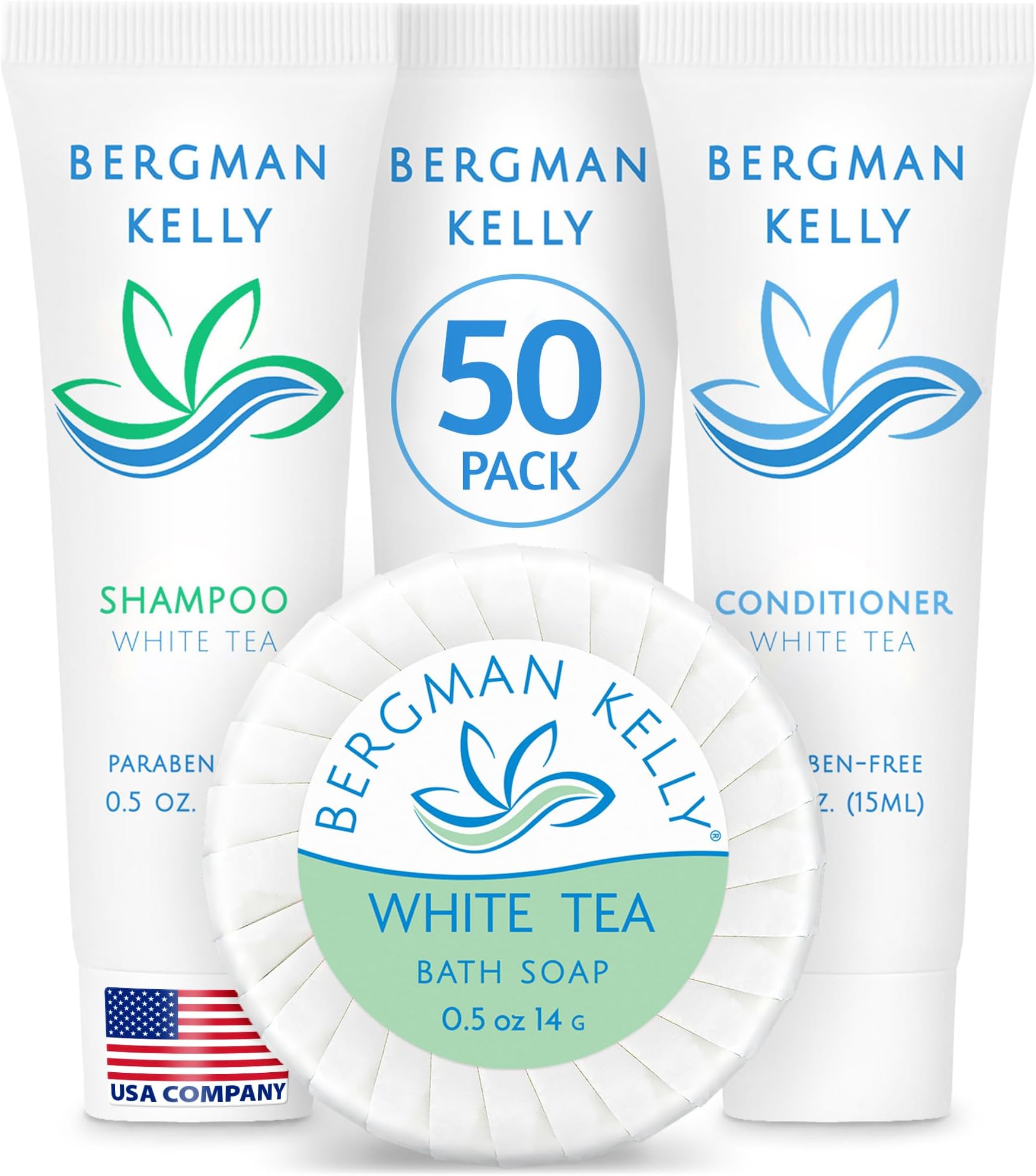 BERGMAN KELLY Round Hotel Soap Bars, Shampoo & Conditioner 3-Piece Set (0.5 oz each, 150 pc, White Tea), Delight Your Guests with Revitalizing & Refreshing Mini Travel Toiletries & Bulk Amenities