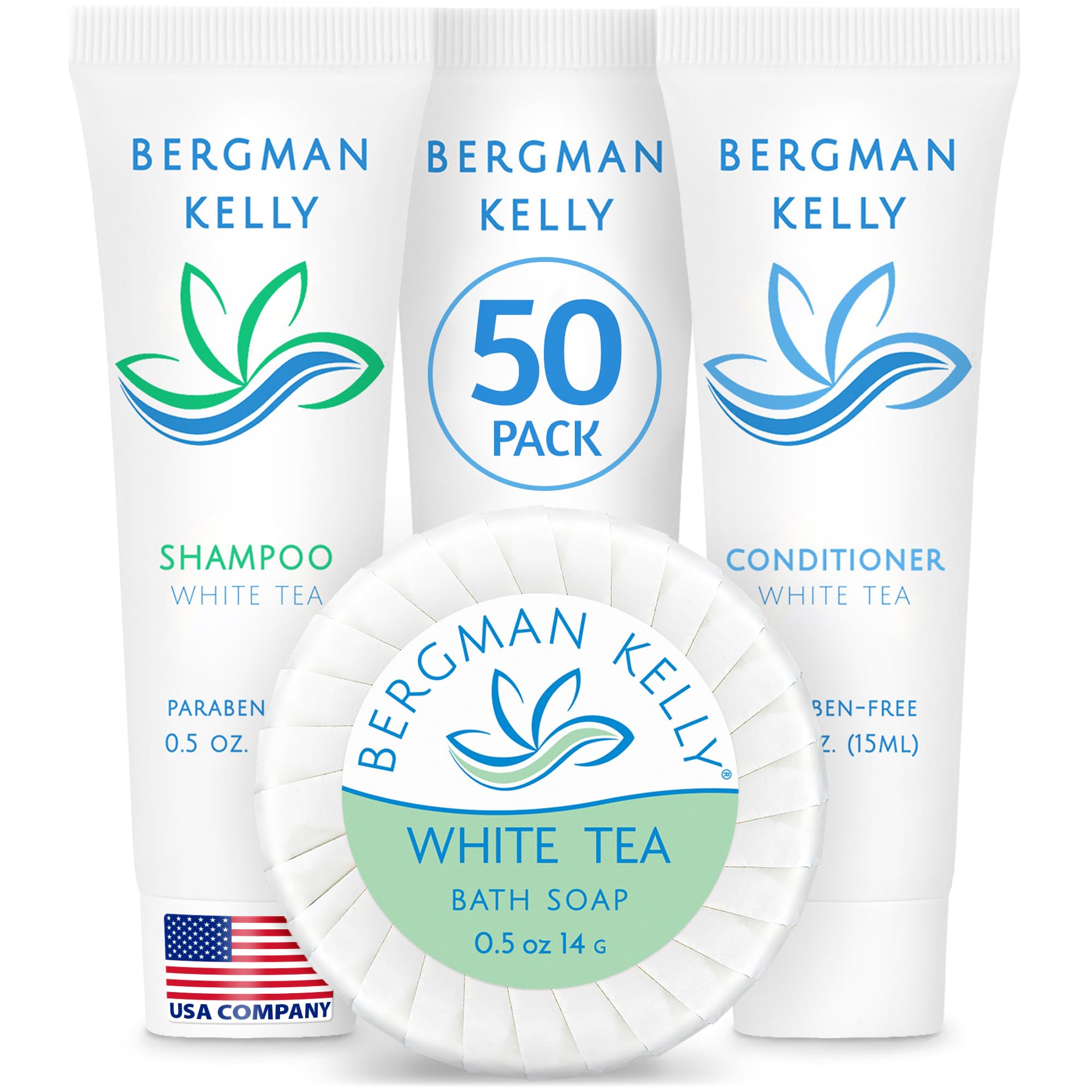 BERGMAN KELLY Round Hotel Soap Bars, Shampoo & Conditioner 3-Piece Set (0.5 oz each, 150 pc, White Tea), Delight Your Guests with Revitalizing & Refreshing Mini Travel Toiletries & Bulk Amenities