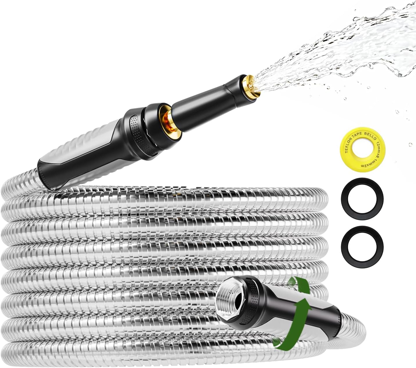 SPECILITE 304 Stainless Steel Garden Hose 25ft, No Kink with Swivel Handle, Lightweight Metal Water Hose with Brass Adjustable Nozzle for Yard Watering, Car Washing, Lawn Care