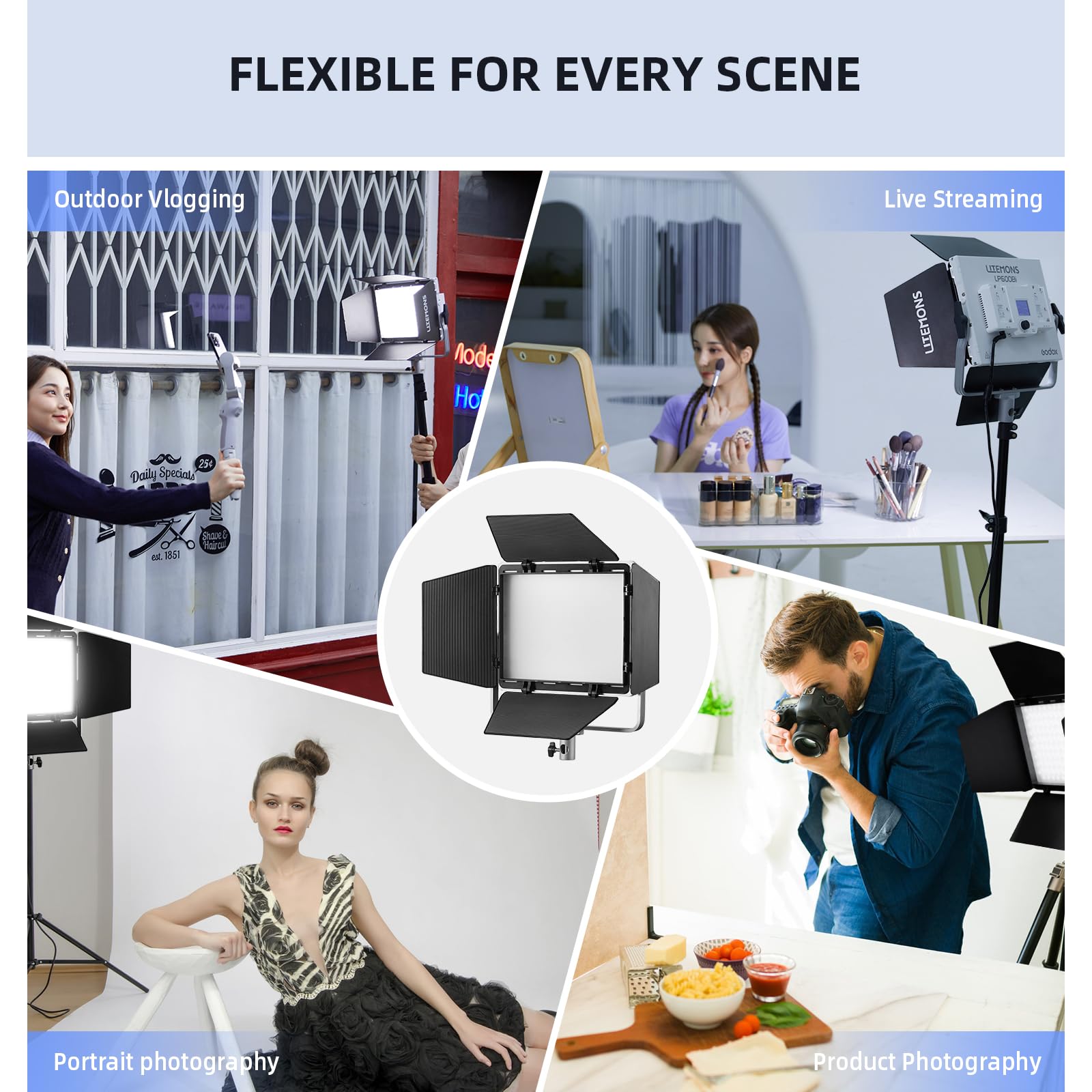 GODOX LITEMONS LP600Bi LED Video Light, CCT Bicolore Temperatura 2800K-6500K 60W Luce Pannello con 11 Effetti di Luce, L'illuminazione in Uscita Continua Supporta il Controllo APP