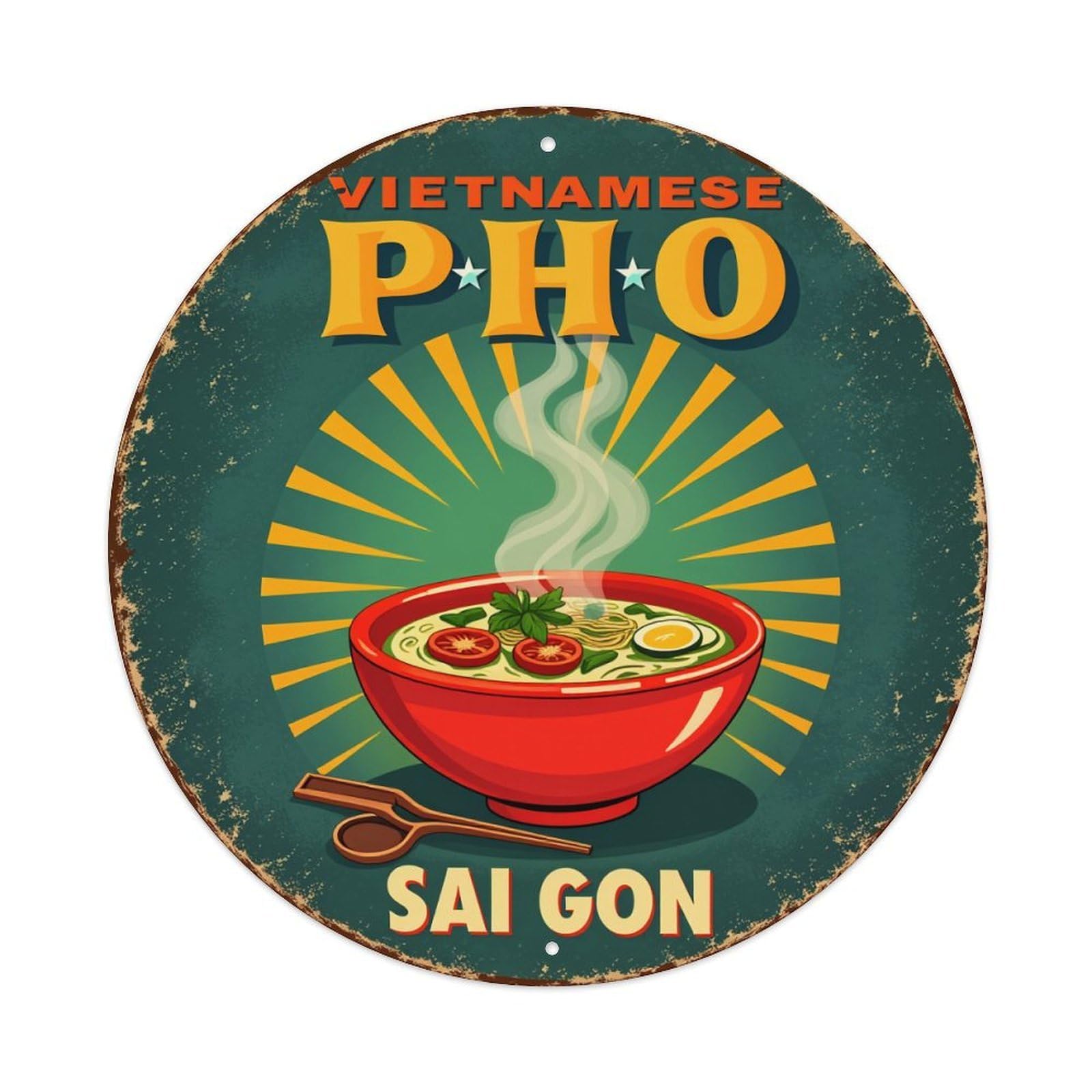 Vietnamese Pho Bowl With Steam And Herbs Round Tin Sign Retro Metal Sign for Cafe Bar Pub Home Game Room Gym Club Wall Decoration Vintage Metal Poster 8x8 Inch