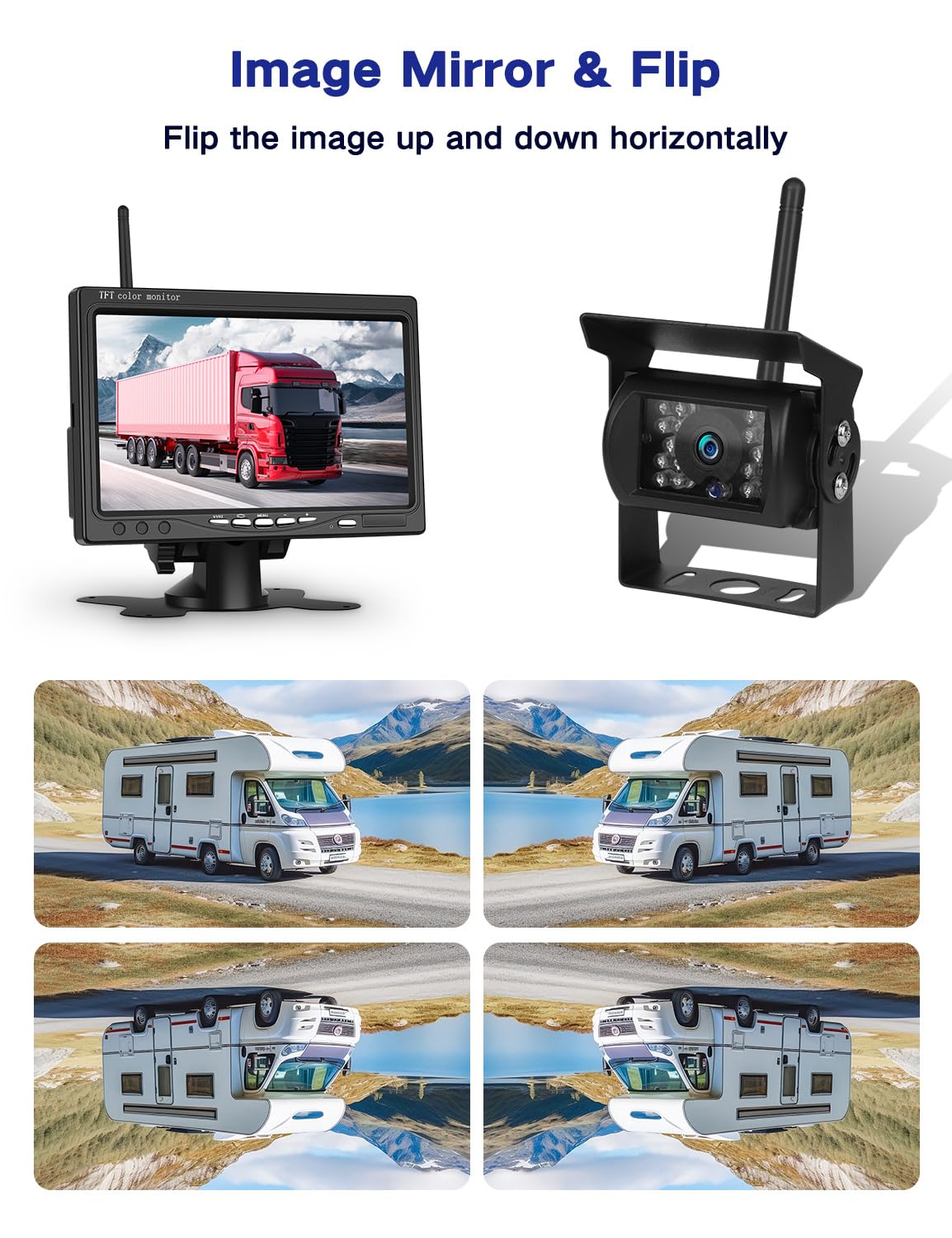 Rückfahrkamera Kabellos Set mit 7" HD Rear View Monitor, IP68 wasserdichte Auto Rückfahrkamera Funk,HD Monitor, Nachtsicht, Weitwinkel,Stabilem Signal,für Wohnmobil Wohnwagen Anhänger LKW