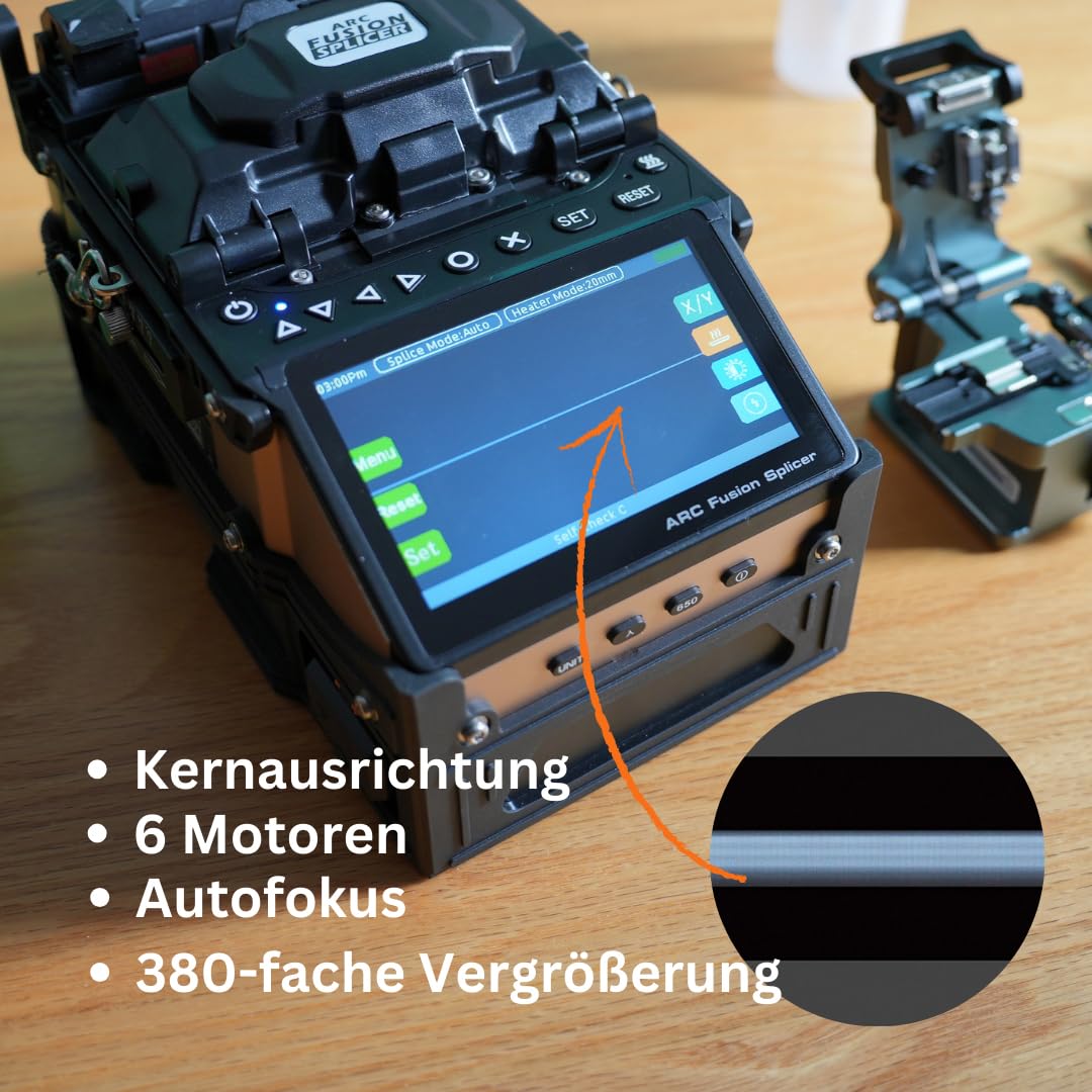 SD-9 Glasfaser Spleißgerät mit OPM und VFL Erstaunlich 5-Sekunden-Spleißen und 11-Sekunden-Heizung, Fusion Splicer LWL Spleißgerät Kit Kernausrichtung 6 Motoren mit 7200-mAh-Akku