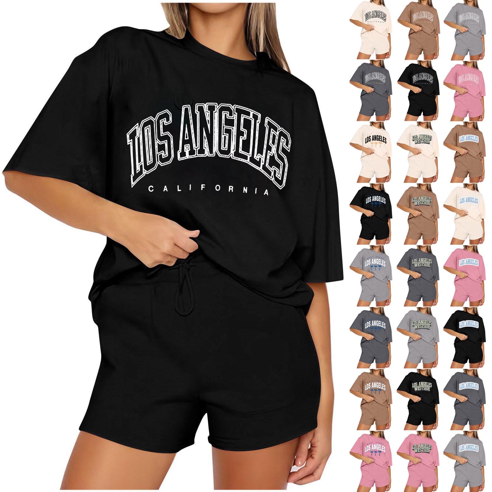 GenericSummer 2 Piece Outfits for Women Los Angeles Letter Print Tracksuit 2024 Trendy Oversized Short Sleeve T-Shirt And Drawstring Shorts Sets Y2K Sets Casual Activewear