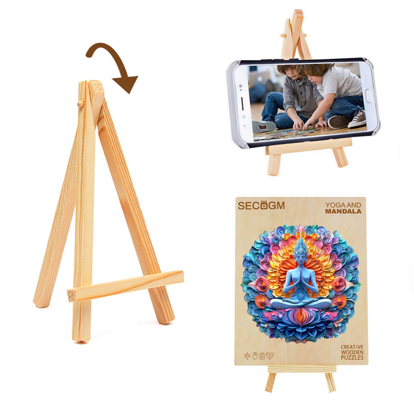 Puzzles en bois pour adultes – Puzzle en bois mandala de yoga – Puzzle unique en forme d'animal en bois découpé – Décoration écologique pour la maison et le bureau (M-29 x 30 cm)