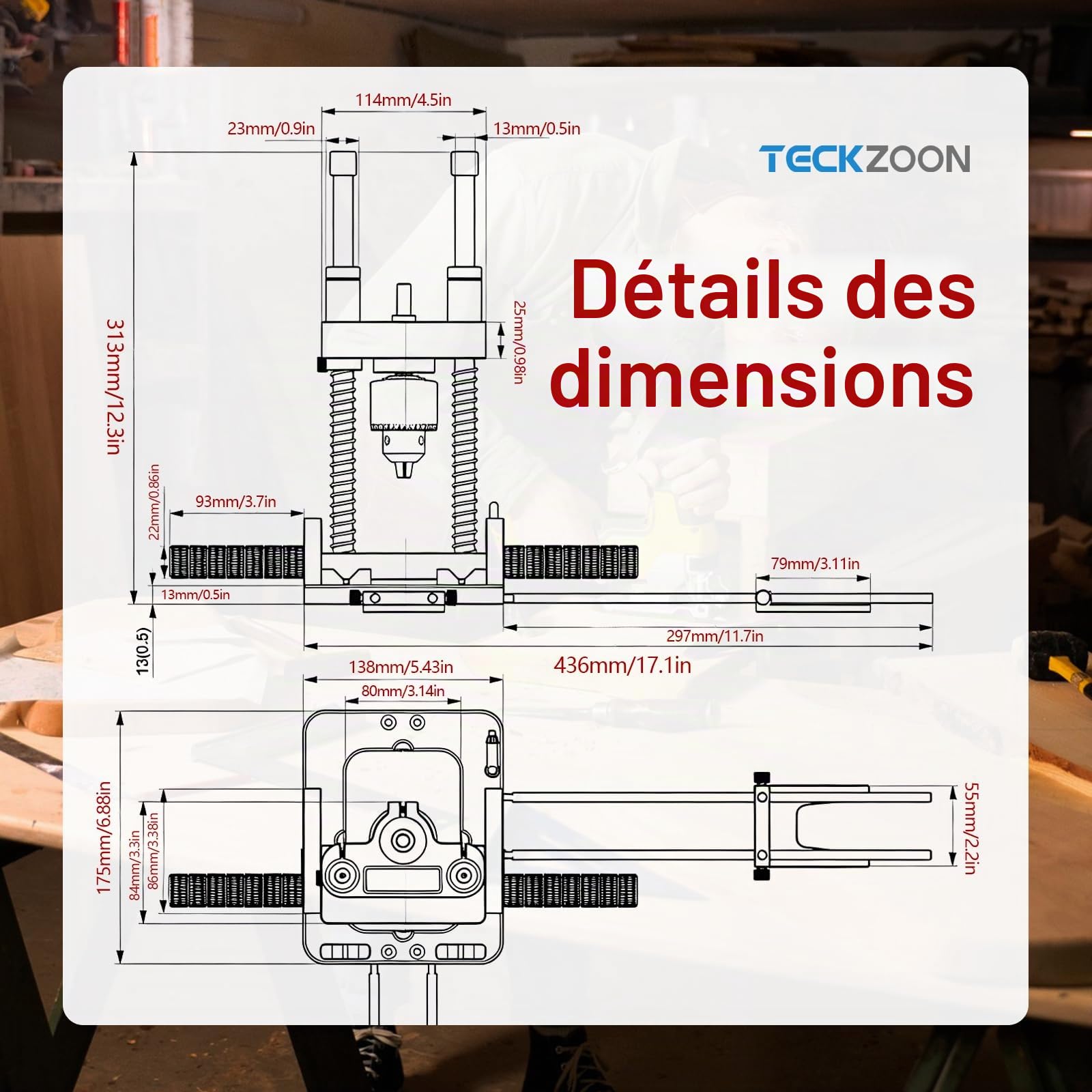 Support de Perceuse Upgrade avec Mandrin, Guide d'Angle 0–60° pour Perceuses Portatives, Auto-Centrant, Capacité de Serrage 1,5–13 mm, avec Indicateur à Aiguille, Paliers Lisses en Laiton