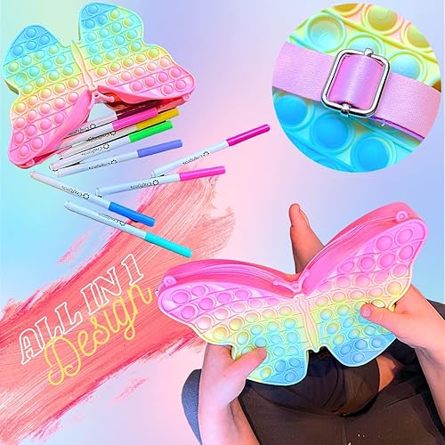 Miniatura 2 de Bolsa de burbujas Pop It para niñas, bolsa de mariposa, para aliviar el estrés, ayuda a niños con autismo, sensorialansiedad y TDAH, bolsa cruzada y