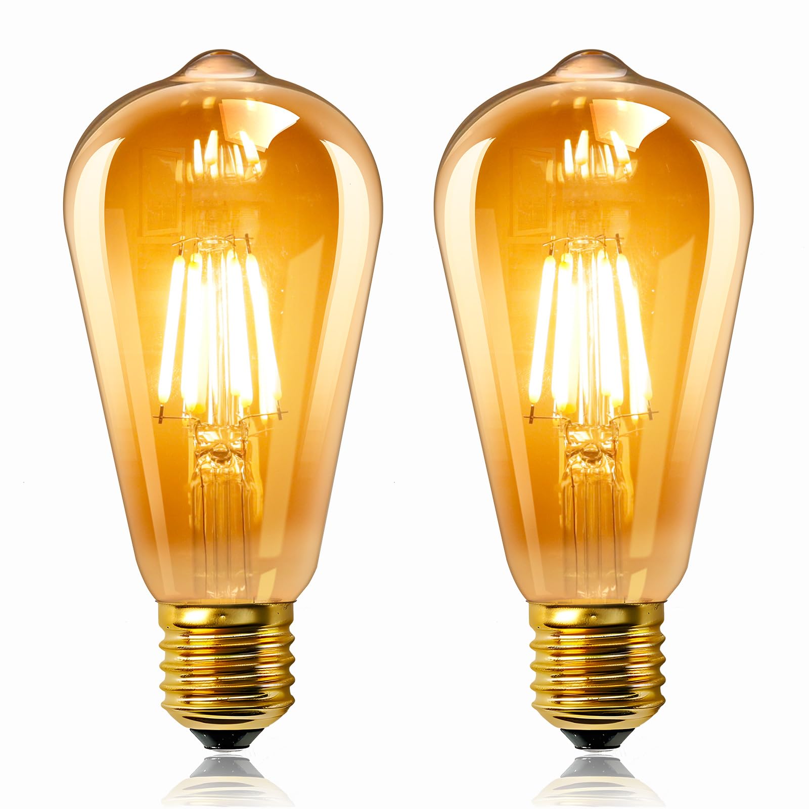 2 Stück E27 LED 6W Edison Vintage Glühbirne 230V, ST64 Vintage Licht Bernstein Glas, Ersetzt 60W Glühlampen, Warmweiß 2200K, 600LM, Nicht Dimmbar, Nostalgische Dekoration für Zuhause, Café, Bar