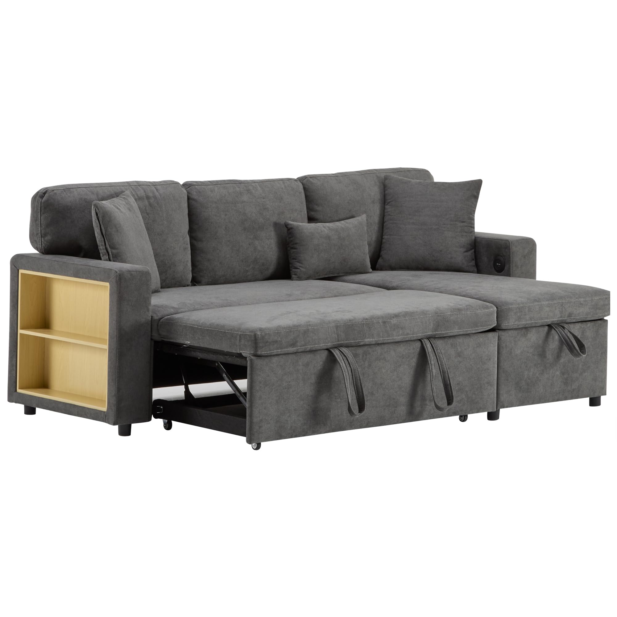 Canape Dangle Convertible, Canapé Modulable avec Rangement, Canapé Lit 3 Places Convertible – Canapé d'angle Convertible avec Canapé-Lit Gigogne, Port USB, Coussins,Gris