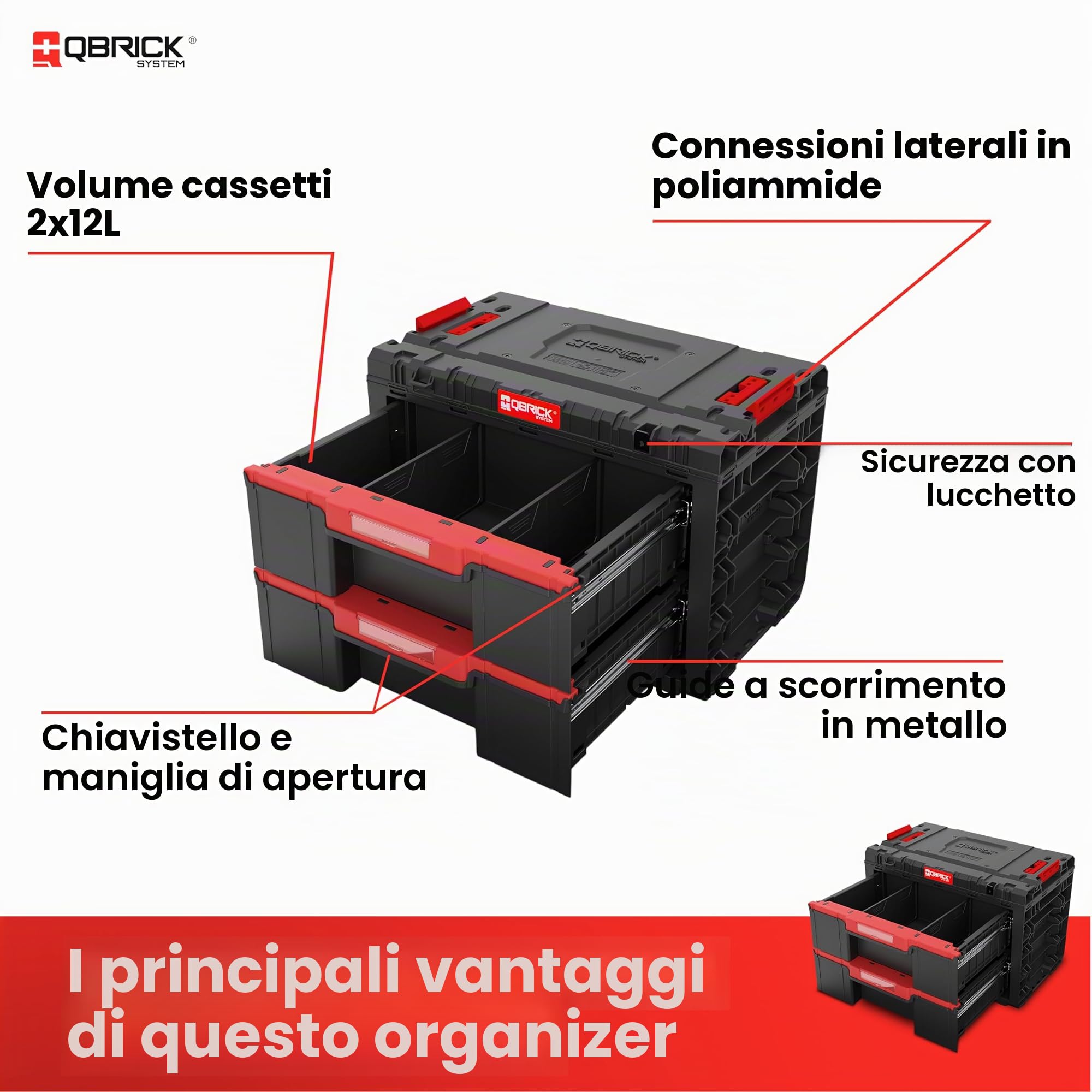 Qbrick System Cassetta Porta Attrezzi Vuota - 2 Scomparti - Valigetta Attrezzi - 542 x 335 x 369 mm Nero