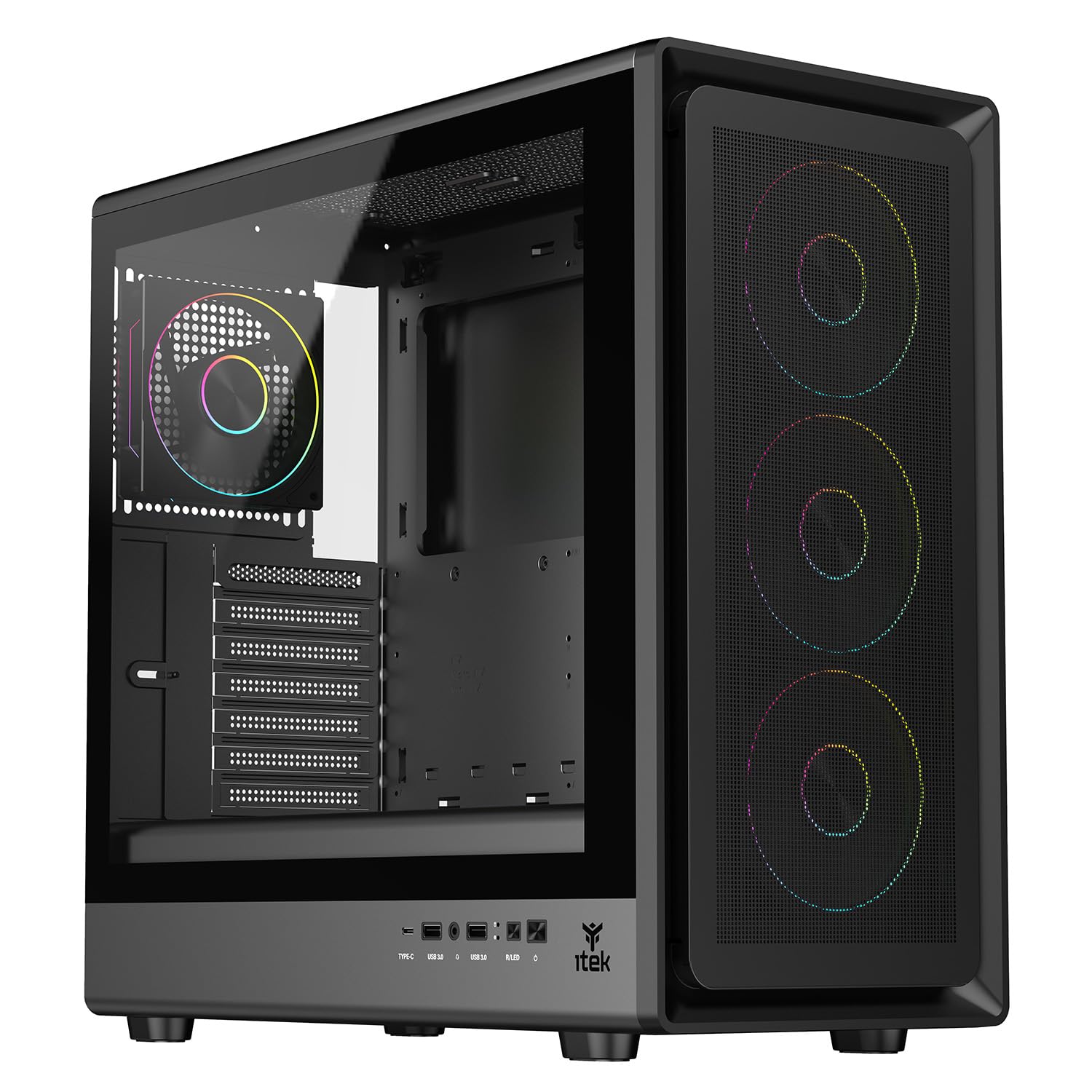 Itek Case Gaming MESHCORE 36B – Tower ATX con 4 Ventole ARGB 12 cm incluse, USB-C, 2x USB 3.0 e Pannello Laterale in Vetro Temperato